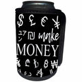 3dRose Alexis Design - Typography Money Symbols - International currency symbols. A white text Make Money on black - Can Cooler Bottle Wrap (cc_286762)