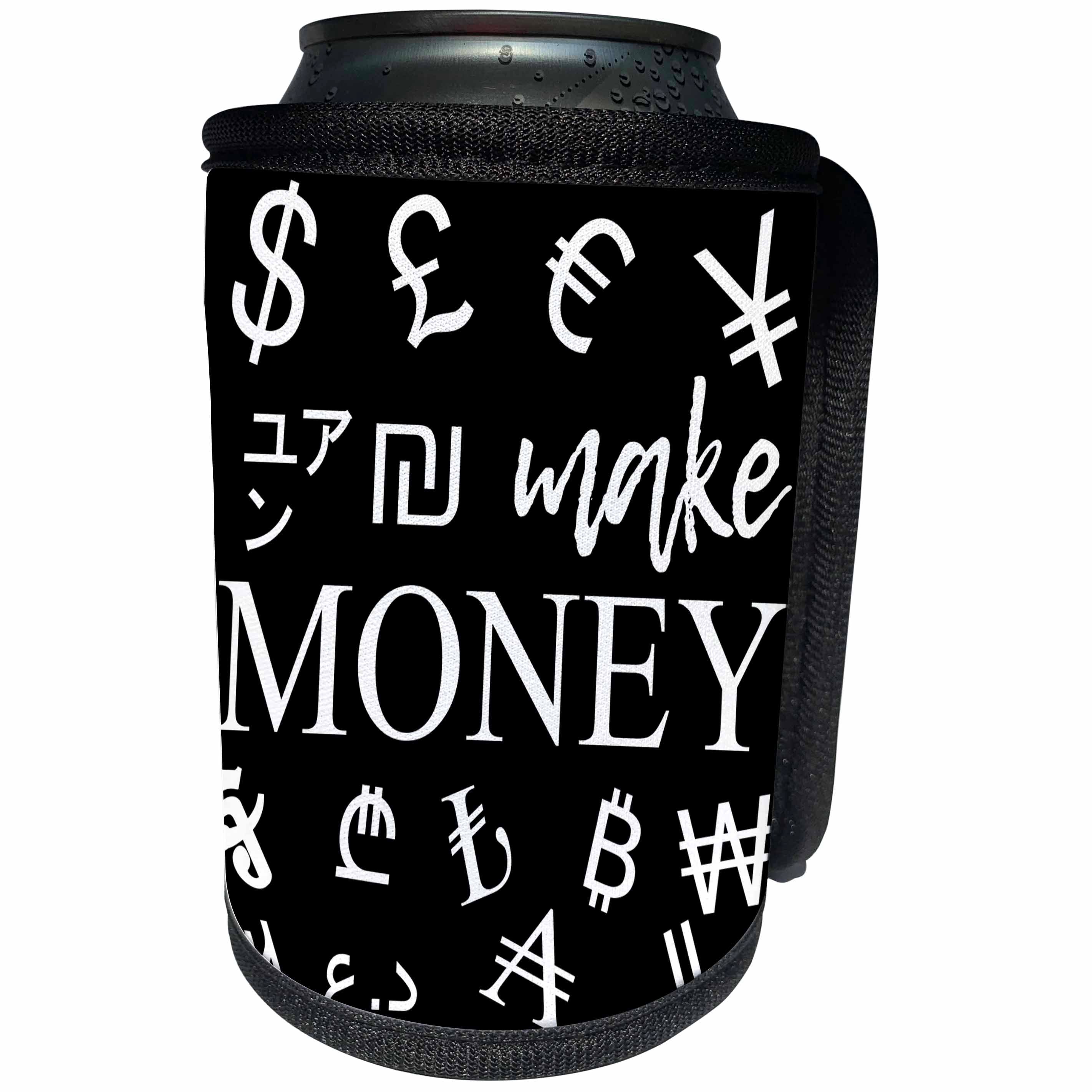 3dRose Alexis Design - Typography Money Symbols - International currency symbols. A white text Make Money on black - Can Cooler Bottle Wrap (cc_286762)