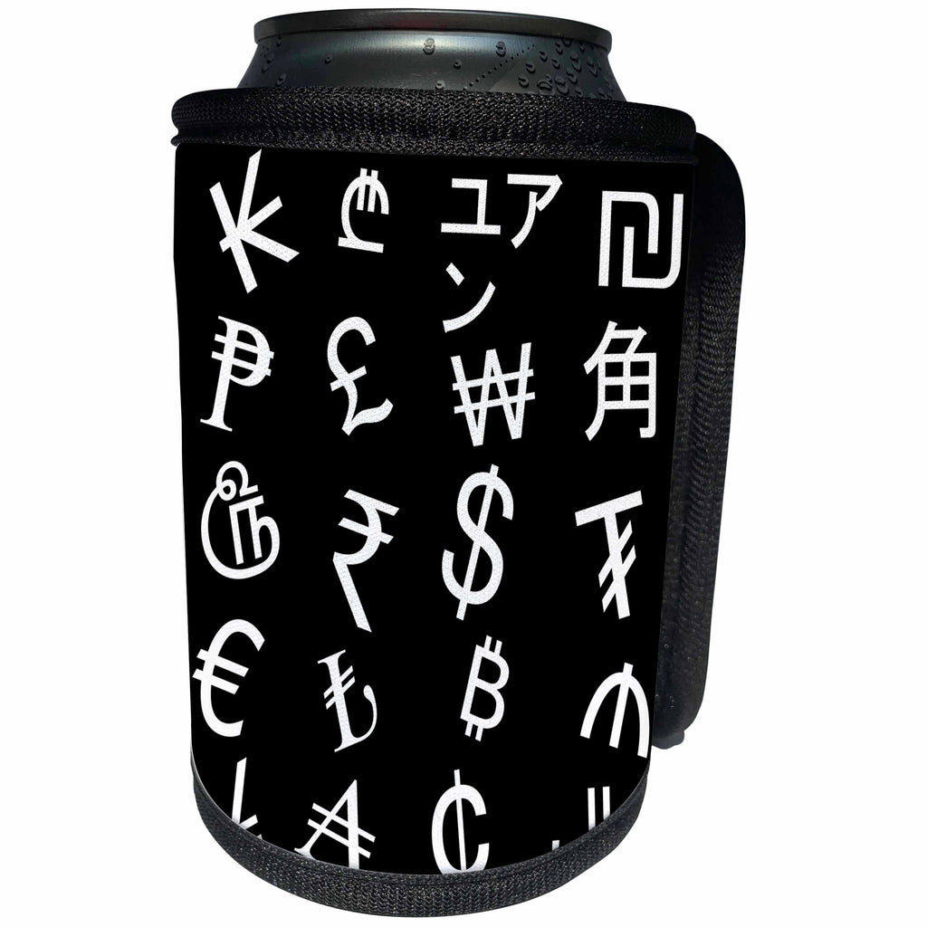 3dRose Alexis Design - Typography Money Symbols - International currency symbols. White on black background - Can Cooler Bottle Wrap (cc_286766)