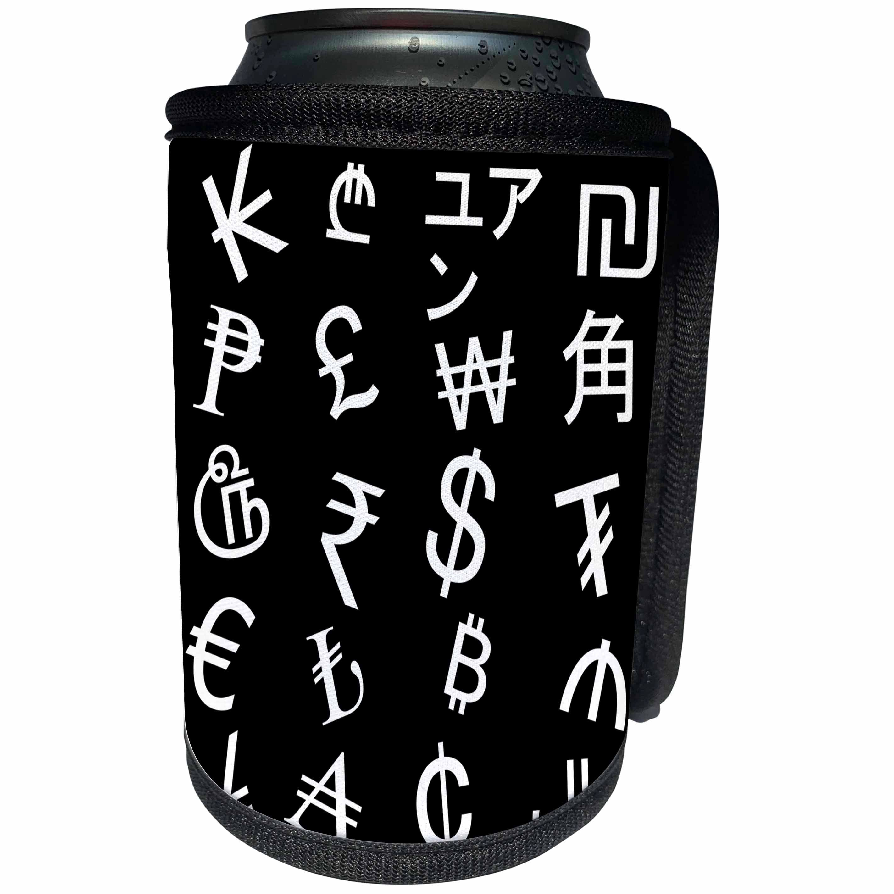 3dRose Alexis Design - Typography Money Symbols - International currency symbols. White on black background - Can Cooler Bottle Wrap (cc_286766)