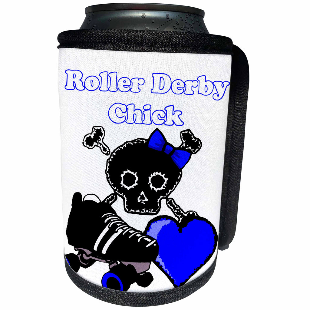 3dRose BlakCircleGirl - Roller Derby - Derby Chick Blue - Roller derby chick design with a heart skull, bow and more in blue - Can Cooler Bottle Wrap (cc_286898)