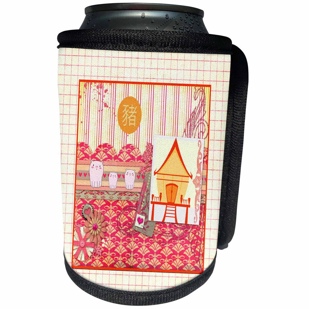 3dRose Beverly Turner Chinese New Year Design - 3 Pigs, Design Lines, Fans, Flower, Hut, Pink, Orange, Sign of the Pig - Can Cooler Bottle Wrap (cc_287000)