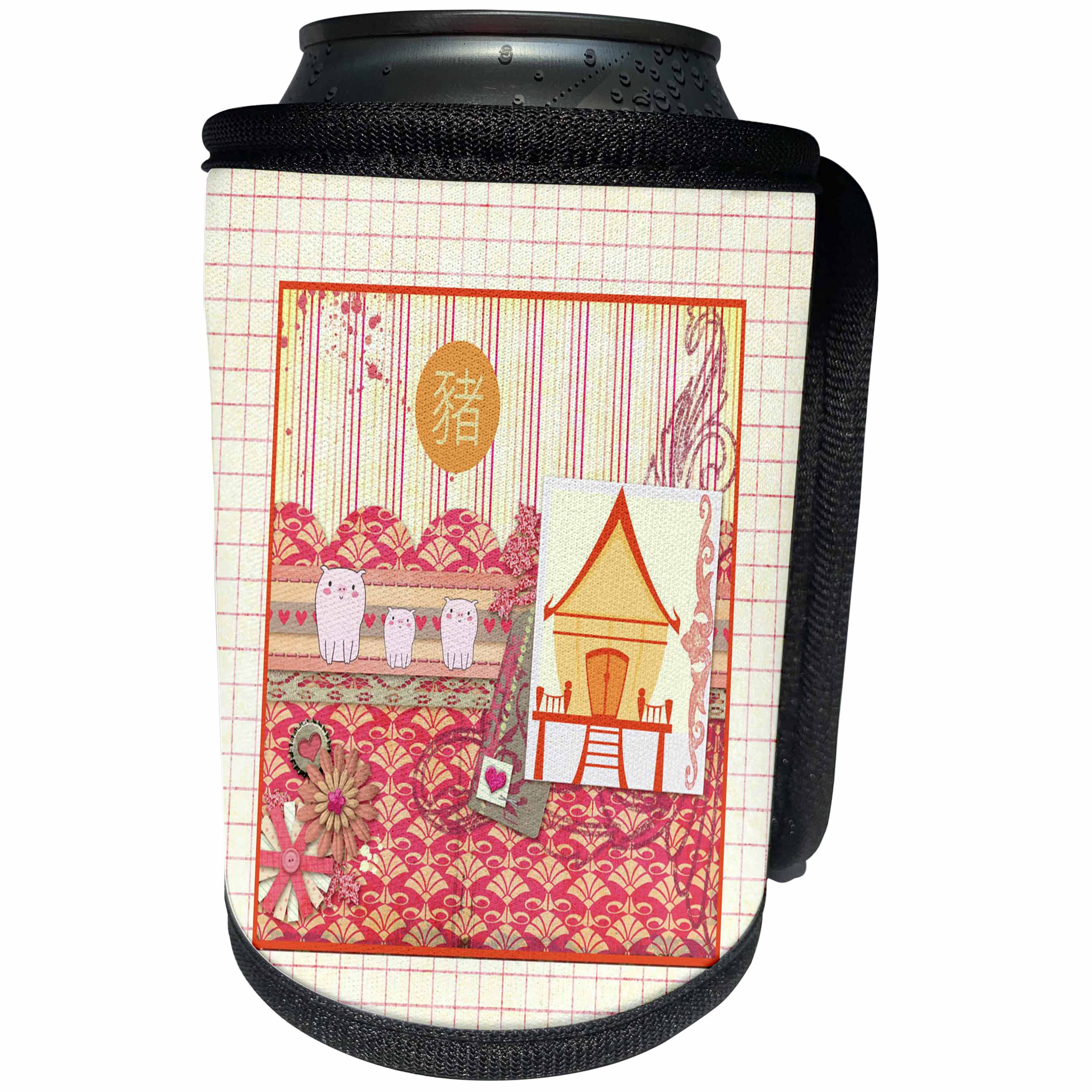 3dRose Beverly Turner Chinese New Year Design - 3 Pigs, Design Lines, Fans, Flower, Hut, Pink, Orange, Sign of the Pig - Can Cooler Bottle Wrap (cc_287000)