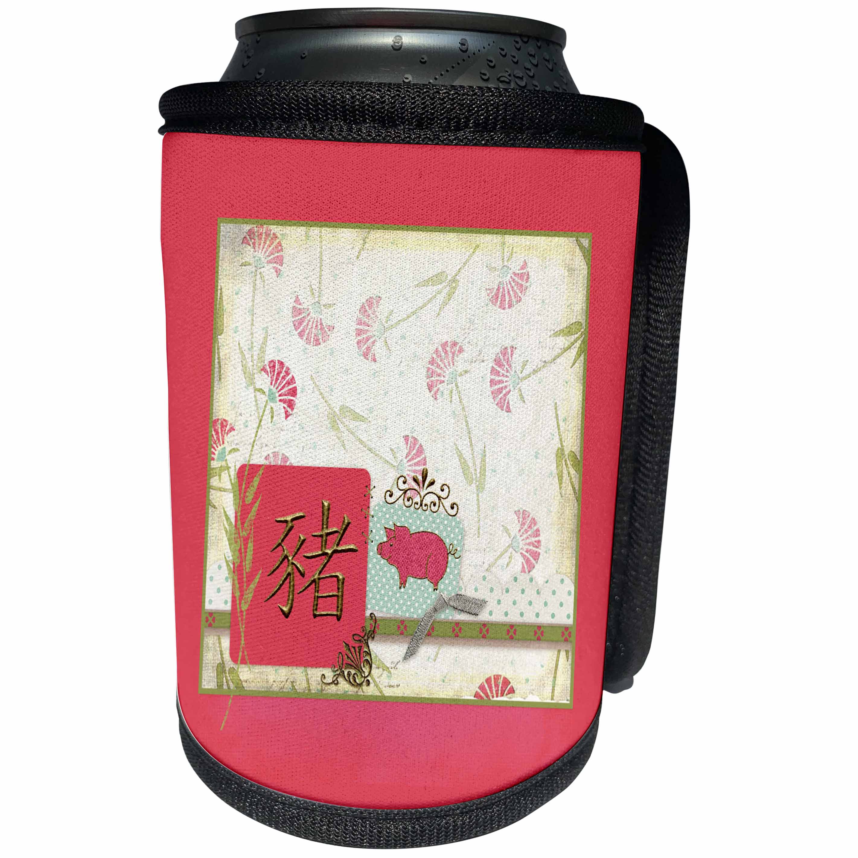 3dRose Beverly Turner Chinese New Year Design - Sign of the Pig, Fan Flower, Pink Pig on Dots, Bow, Gold Design Accent - Can Cooler Bottle Wrap (cc_287001)