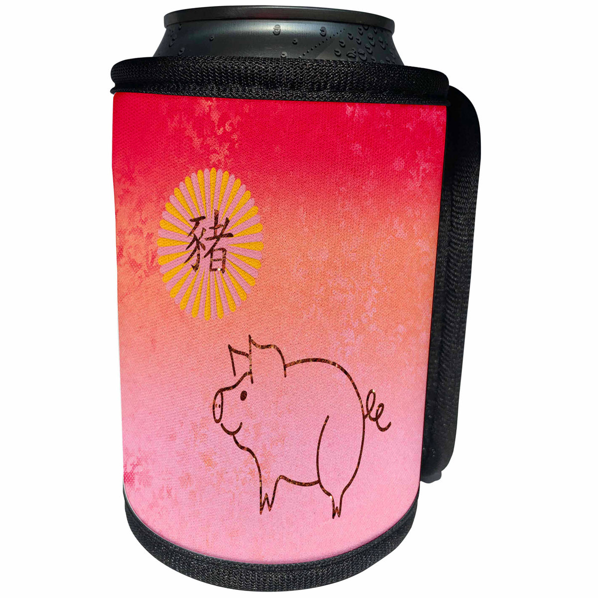 3dRose Beverly Turner Chinese New Year Design - Sign of the Pig in Fan Flower, Pig Outline, Glitter Look, Pink, Orange - Can Cooler Bottle Wrap (cc_287002)