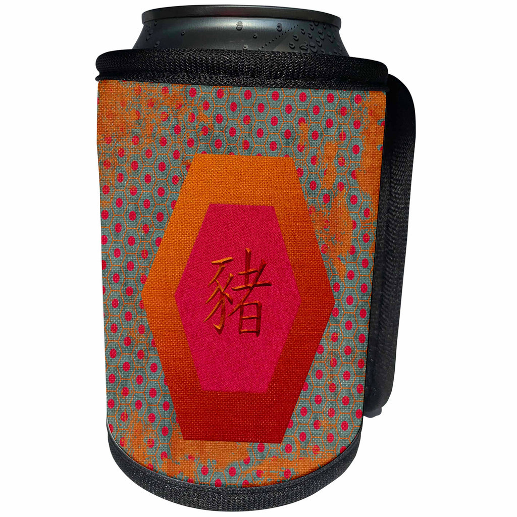 3dRose Beverly Turner Chinese New Year Design - Sign of the Pig on Aged Abstract Hexagon, Dotted Design, Orange, Pink - Can Cooler Bottle Wrap (cc_287003)