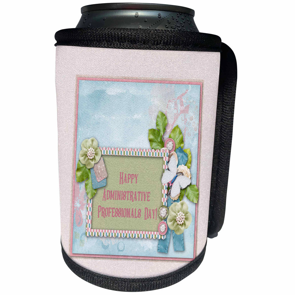3dRose Beverly Turner Administrative Professionals Day - Administrative Professionals Day, Flower Pearl Look, Butterfly, Pastel - Can Cooler Bottle Wrap (cc_287010)