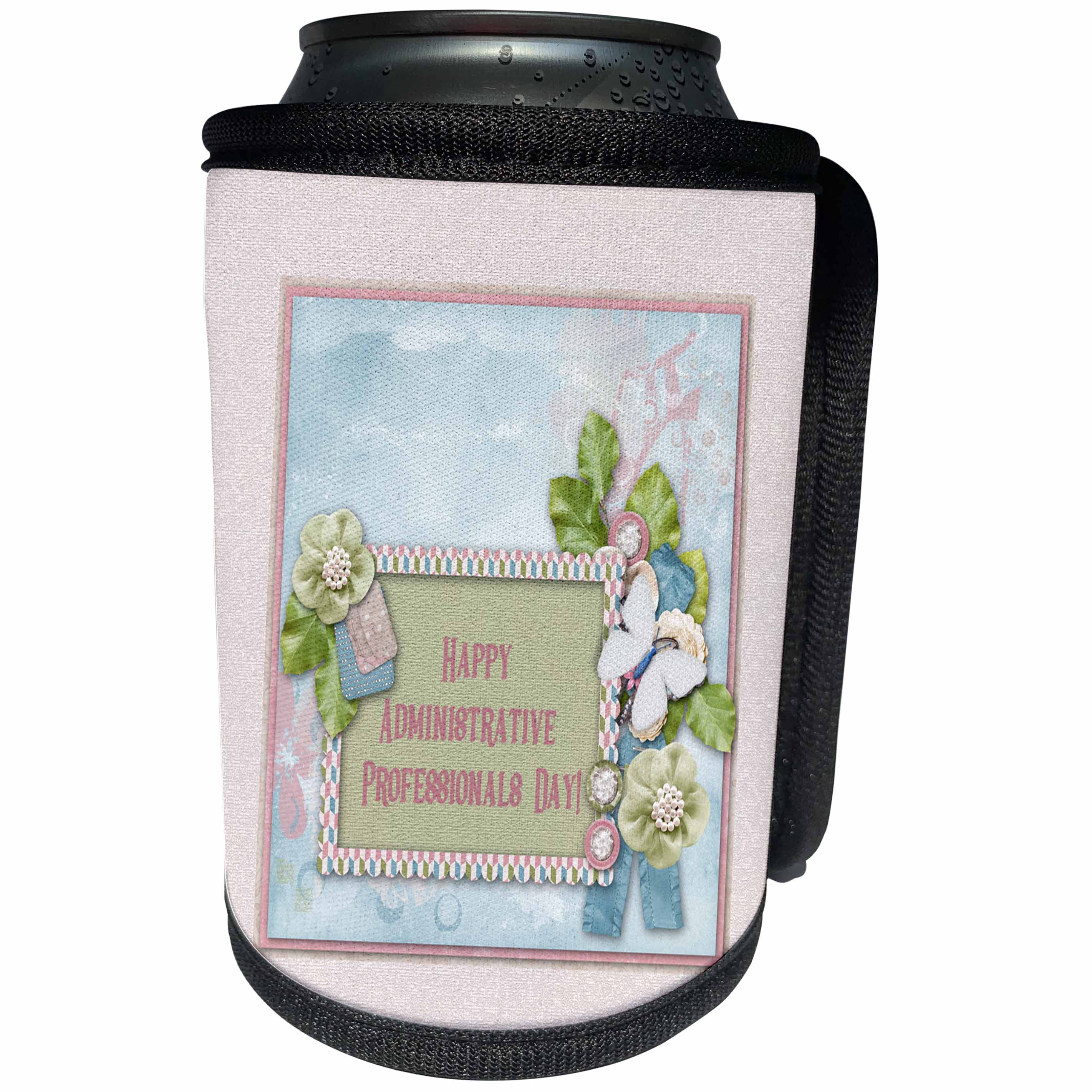3dRose Beverly Turner Administrative Professionals Day - Administrative Professionals Day, Flower Pearl Look, Butterfly, Pastel - Can Cooler Bottle Wrap (cc_287010)