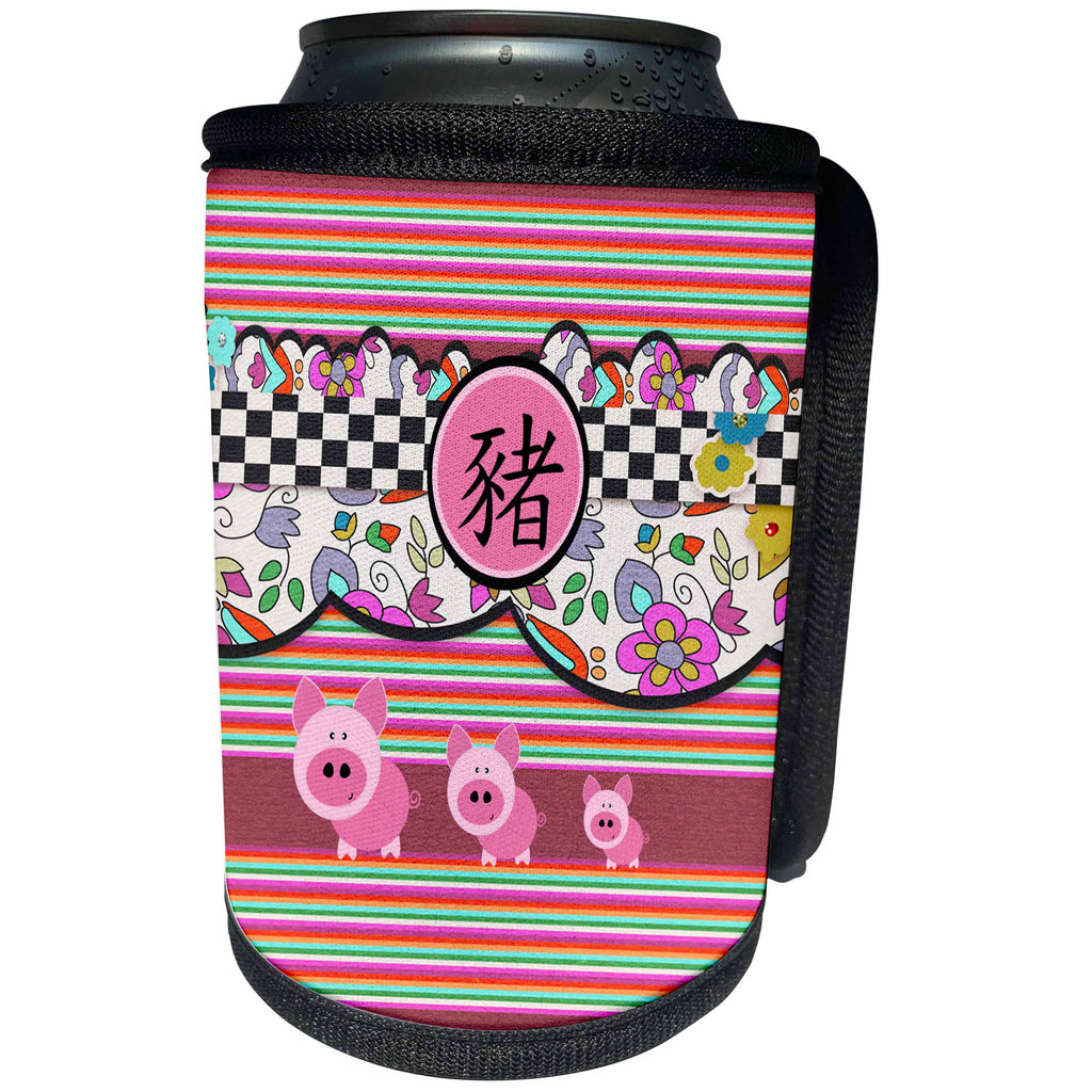 3dRose Beverly Turner Chinese New Year Design - 3 Pink Pigs on Lines, Black Checked and Flower Design, Sign of the Pig - Can Cooler Bottle Wrap (cc_287011)