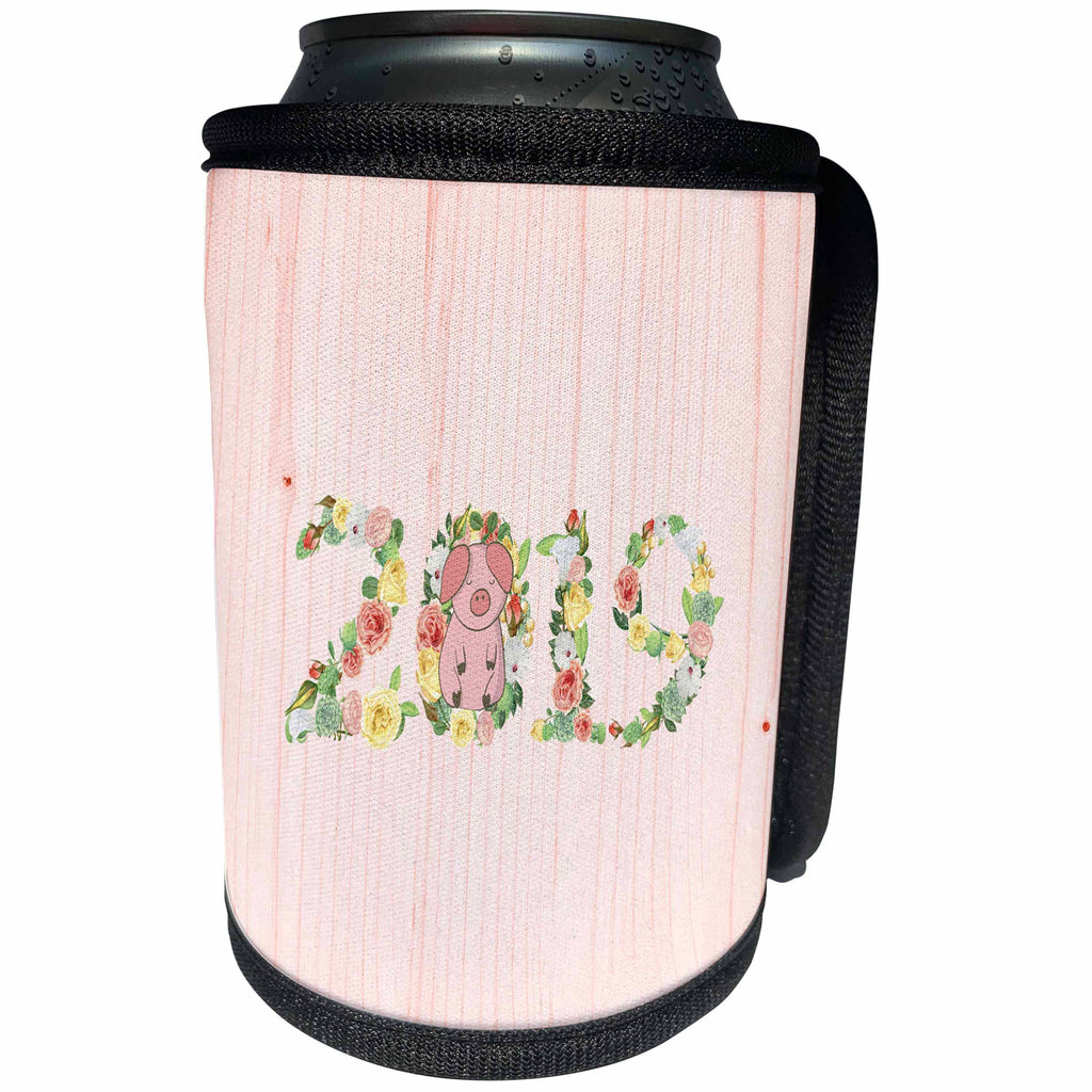 3dRose Beverly Turner Chinese New Year Design - Flowered 2019 with Pink Pig on Zero, Pink Wood Look, Chinese New Year - Can Cooler Bottle Wrap (cc_287013)