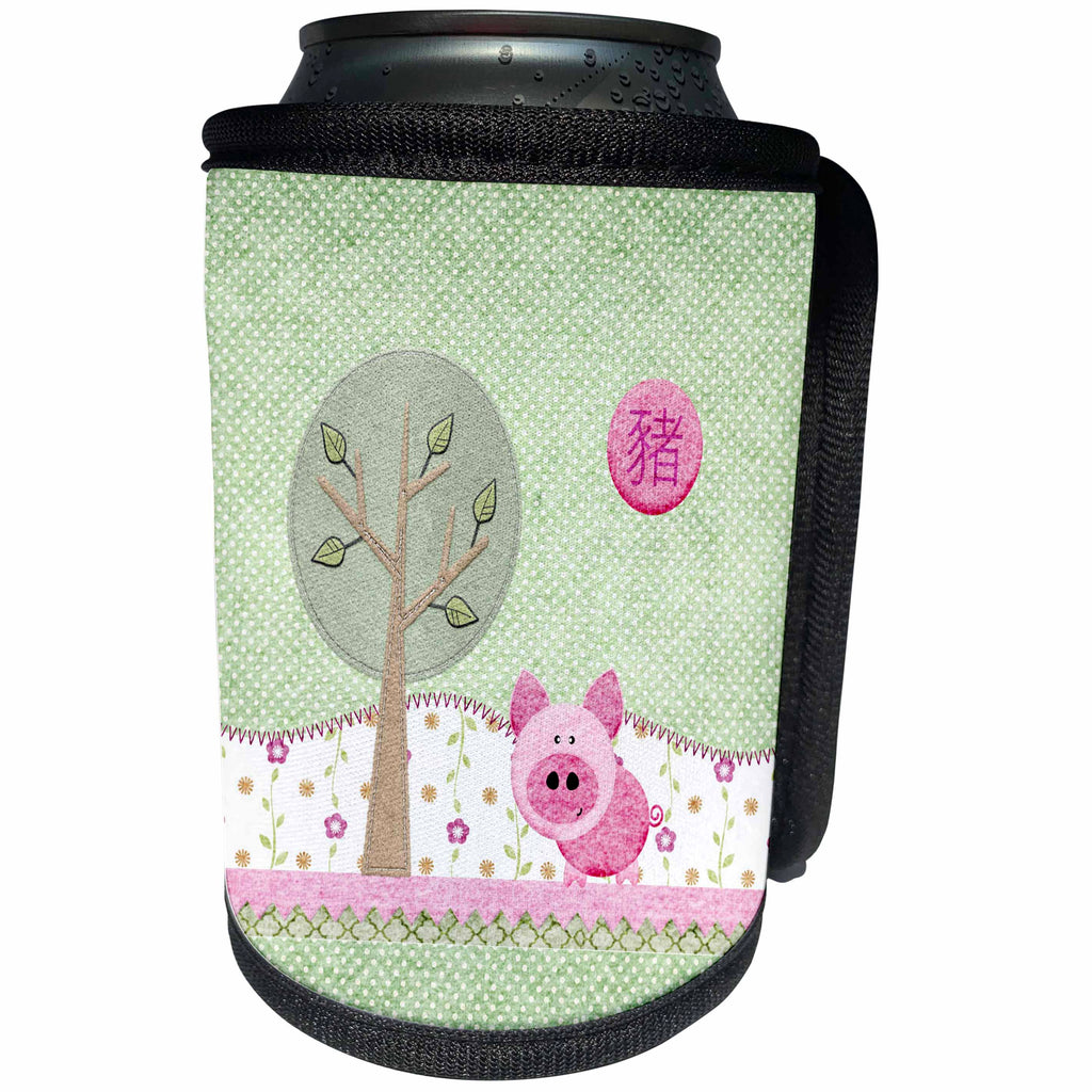 3dRose Beverly Turner Chinese New Year Design - Pink Pig, Tree, Flowers, Sign of the Pig, Felt Look, Chinese New Year - Can Cooler Bottle Wrap (cc_287015)