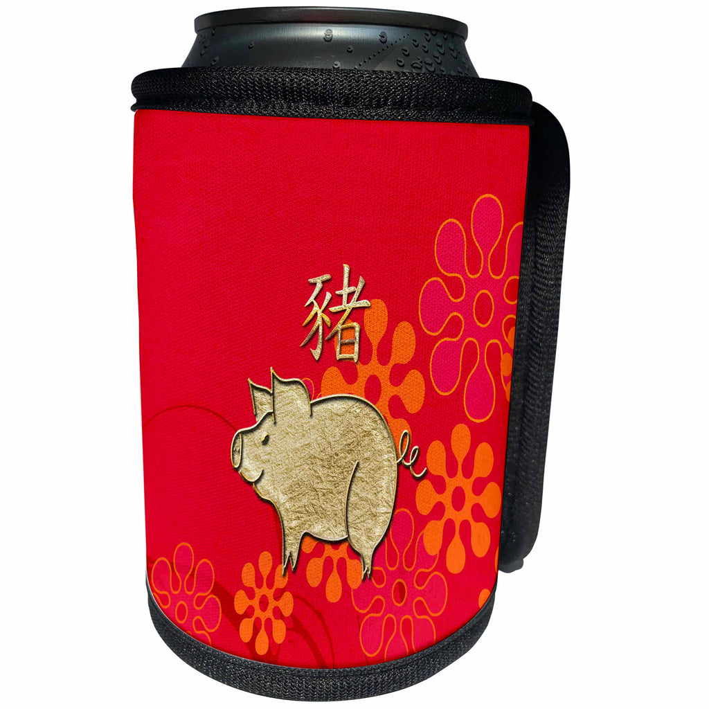 3dRose Beverly Turner Chinese New Year Design - Gold Pig on Bright Orange and Red Flowers, Sign of the Pig, Gold Color - Can Cooler Bottle Wrap (cc_287017)