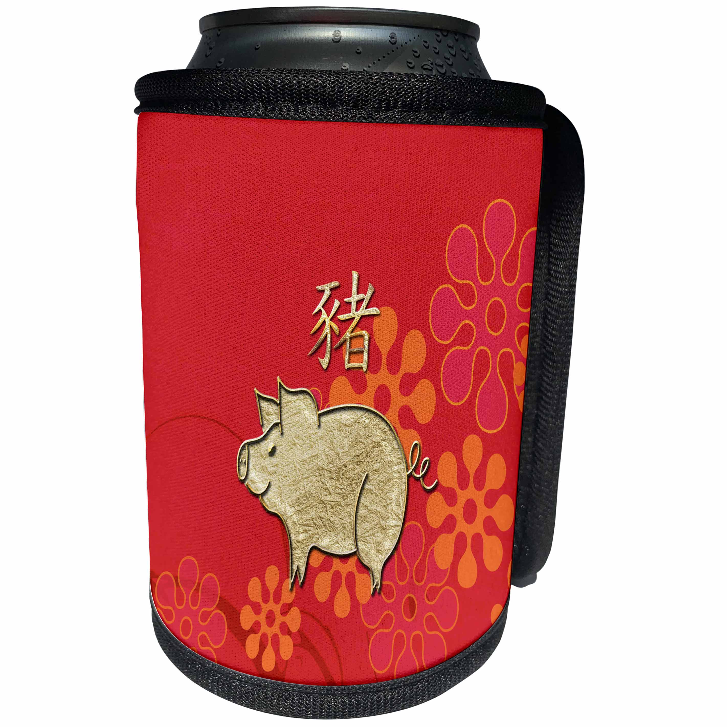 3dRose Beverly Turner Chinese New Year Design - Gold Pig on Bright Orange and Red Flowers, Sign of the Pig, Gold Color - Can Cooler Bottle Wrap (cc_287017)