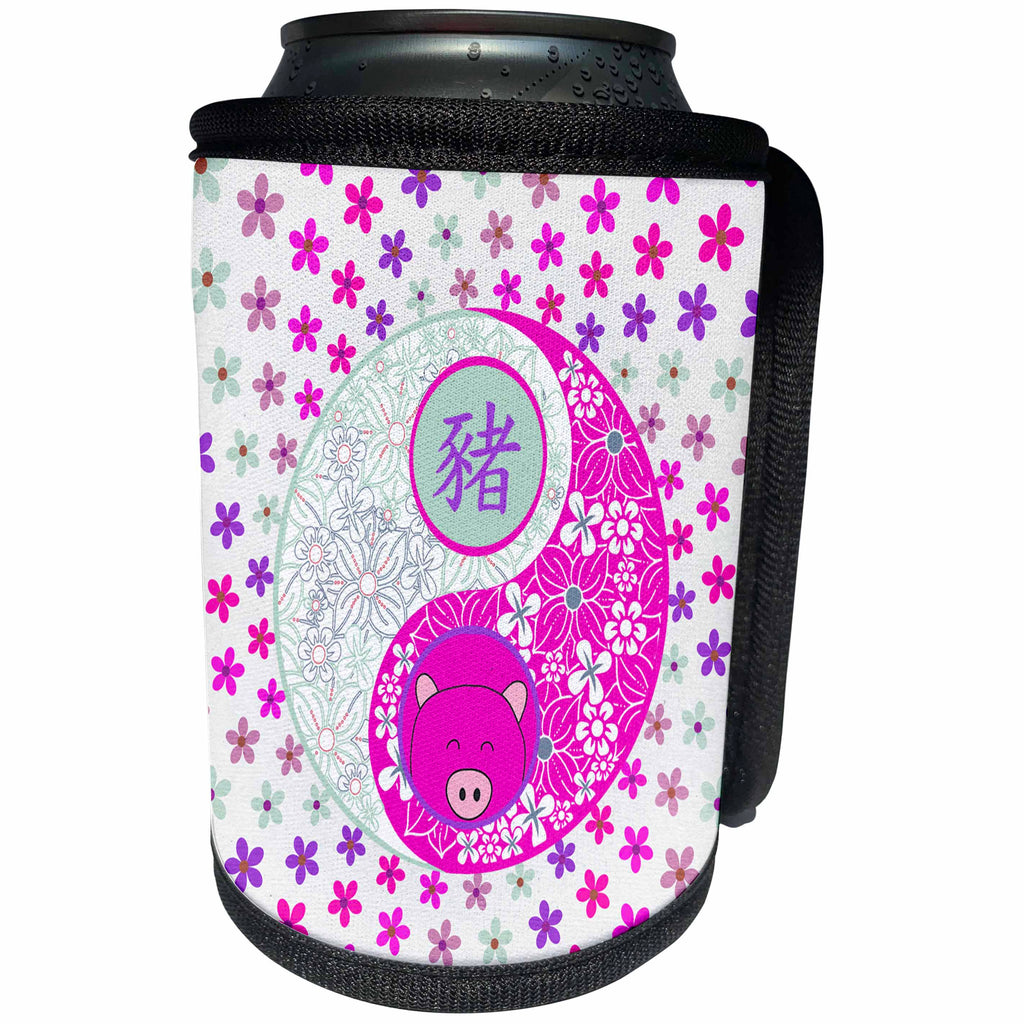 3dRose Beverly Turner Chinese New Year Design - Bright Pinks and Purple Flowered Yin Yang, Pig Face, Sign of the Pig - Can Cooler Bottle Wrap (cc_287018)