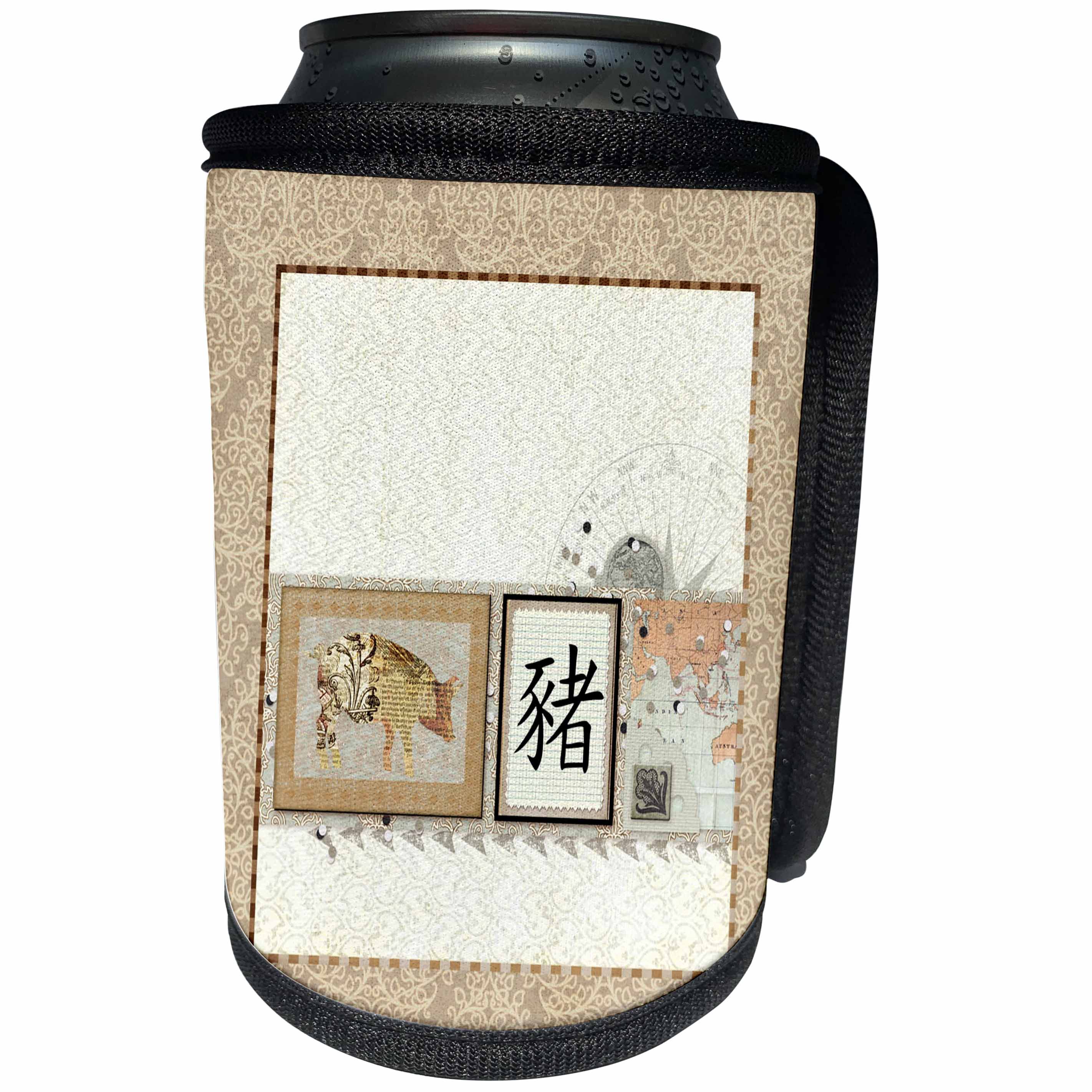 3dRose Beverly Turner Chinese New Year Design - Newspaper Print Pig, Sign of the Pig, Map, Compass, Beige - Can Cooler Bottle Wrap (cc_287019)