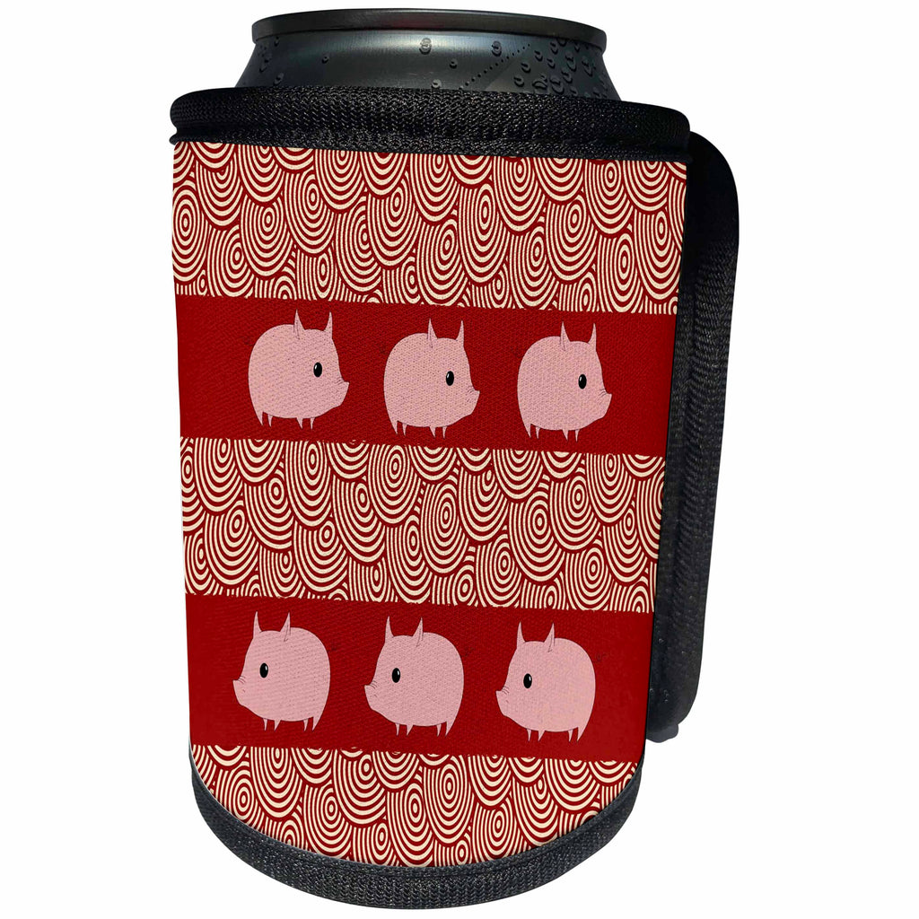 3dRose Beverly Turner Chinese New Year Design - Six Pink Pigs on Red, Circle Pattern Design - Can Cooler Bottle Wrap (cc_287021)