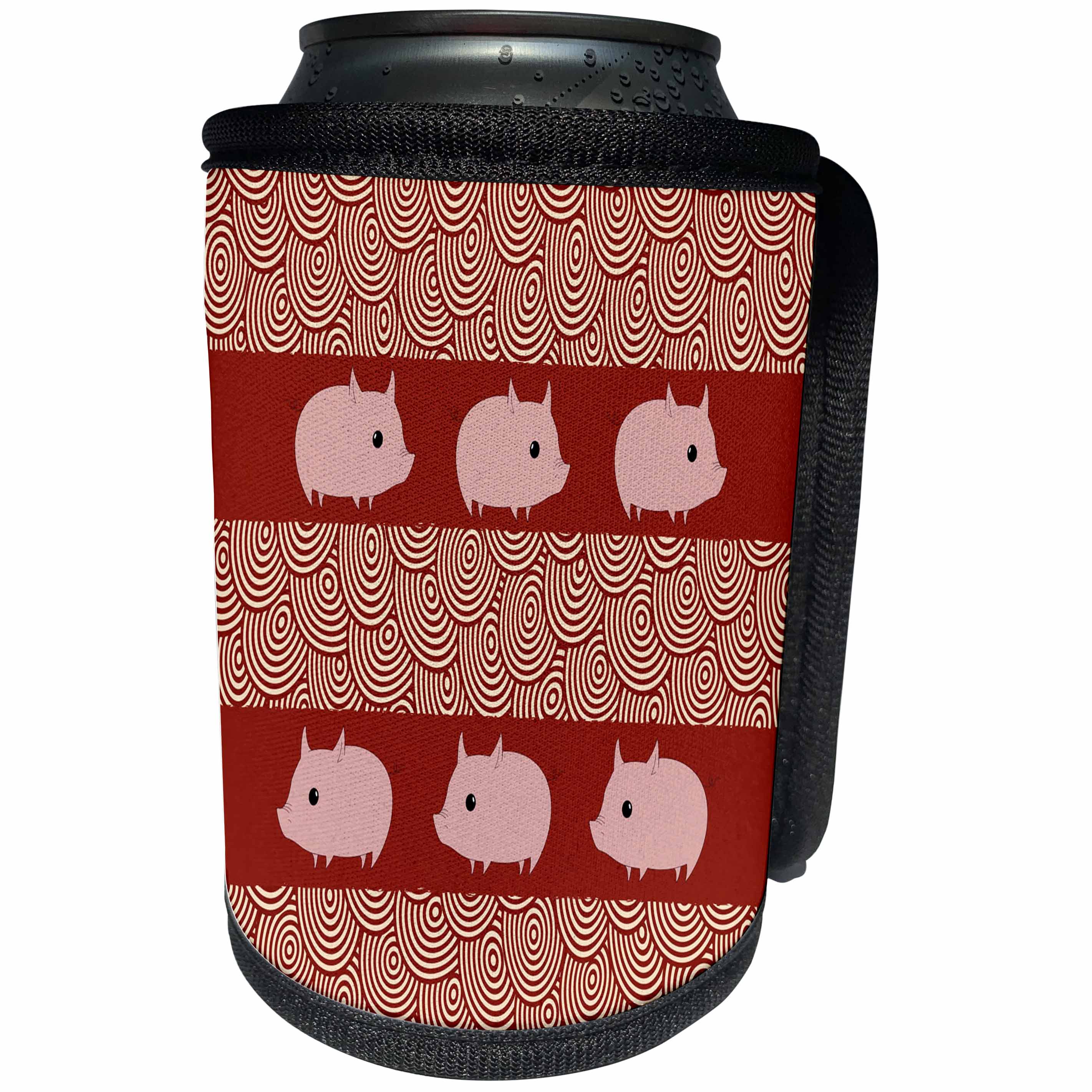 3dRose Beverly Turner Chinese New Year Design - Six Pink Pigs on Red, Circle Pattern Design - Can Cooler Bottle Wrap (cc_287021)