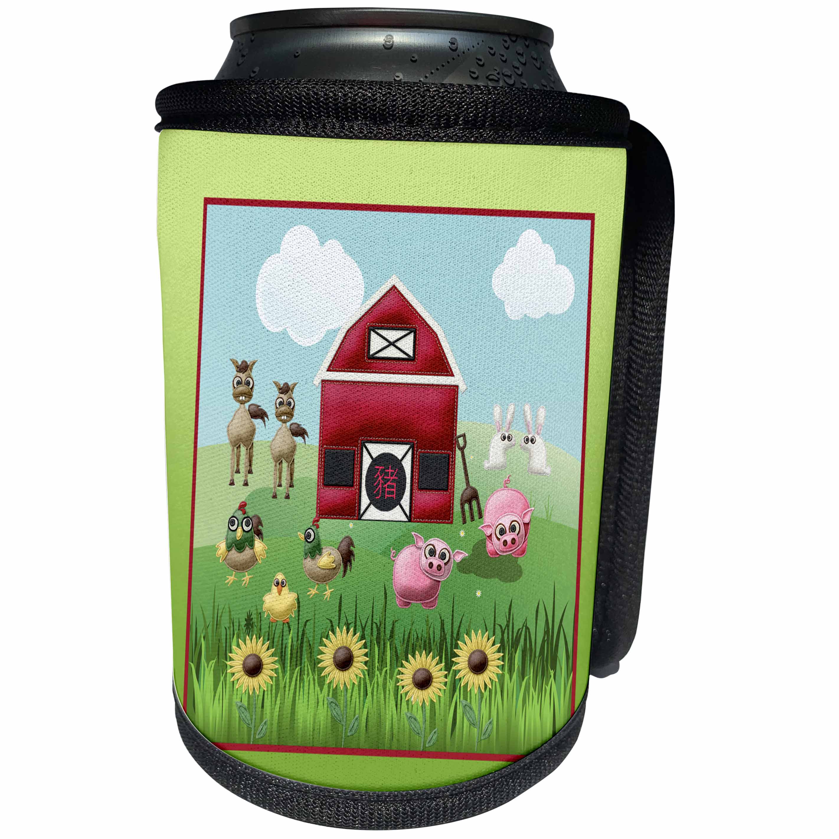 3dRose Beverly Turner Chinese New Year Design - Farm with Pigs, Horses, Chickens, Rabbits, Barn, and Sunflowers - Can Cooler Bottle Wrap (cc_287024)