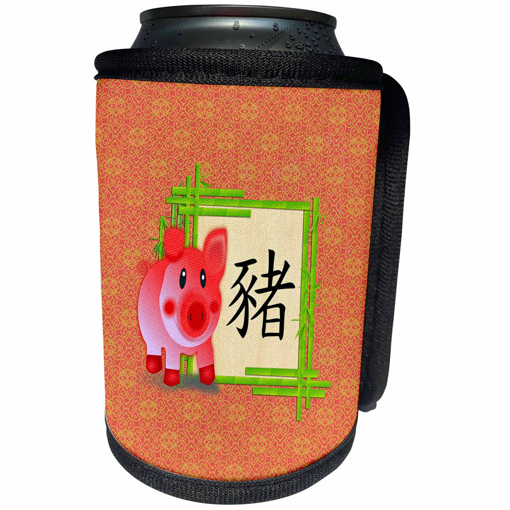 3dRose Beverly Turner Chinese New Year Design - Sign of the Pig, Big Pink Orange Pig, Green Bamboo Frame, Damask - Can Cooler Bottle Wrap (cc_287025)