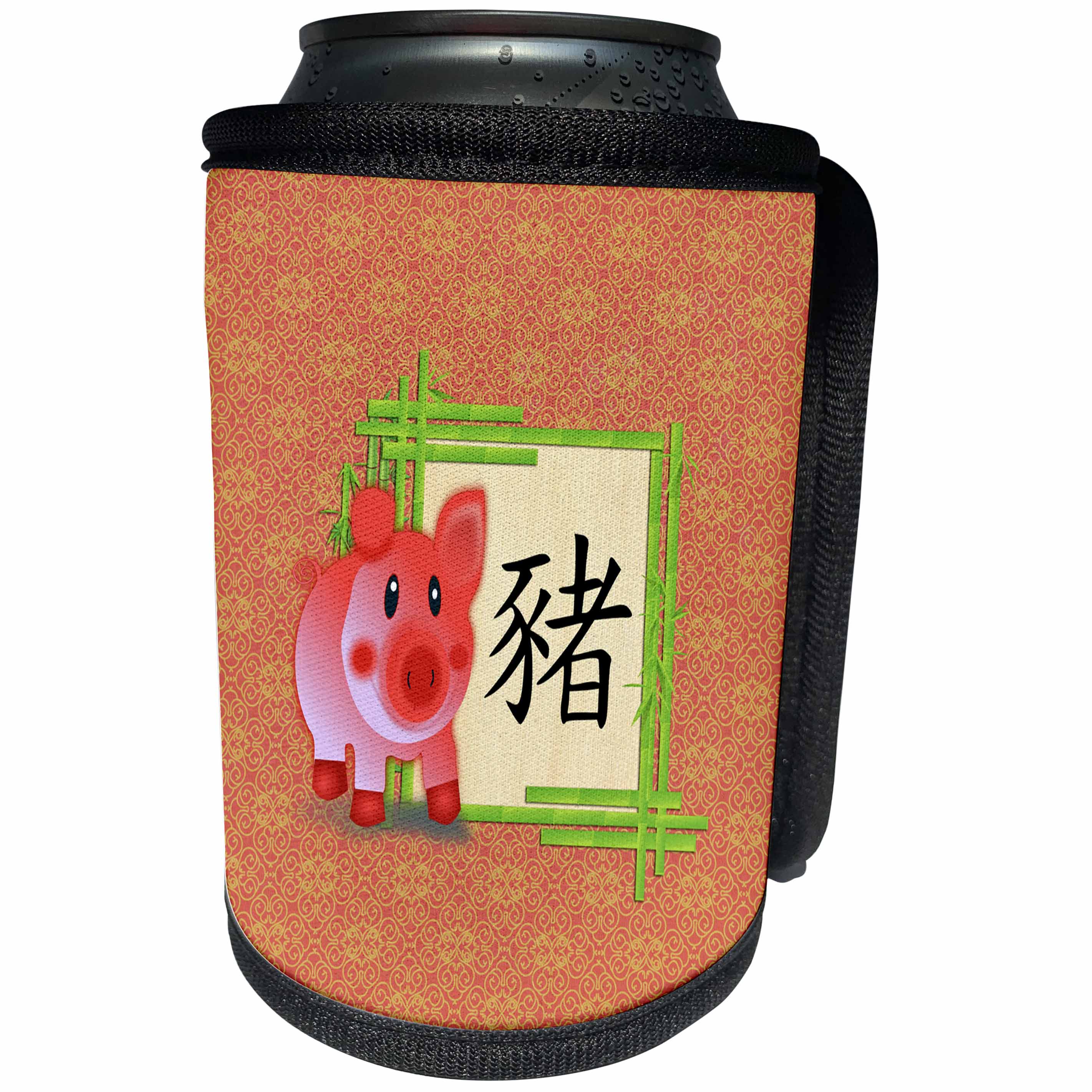 3dRose Beverly Turner Chinese New Year Design - Sign of the Pig, Big Pink Orange Pig, Green Bamboo Frame, Damask - Can Cooler Bottle Wrap (cc_287025)