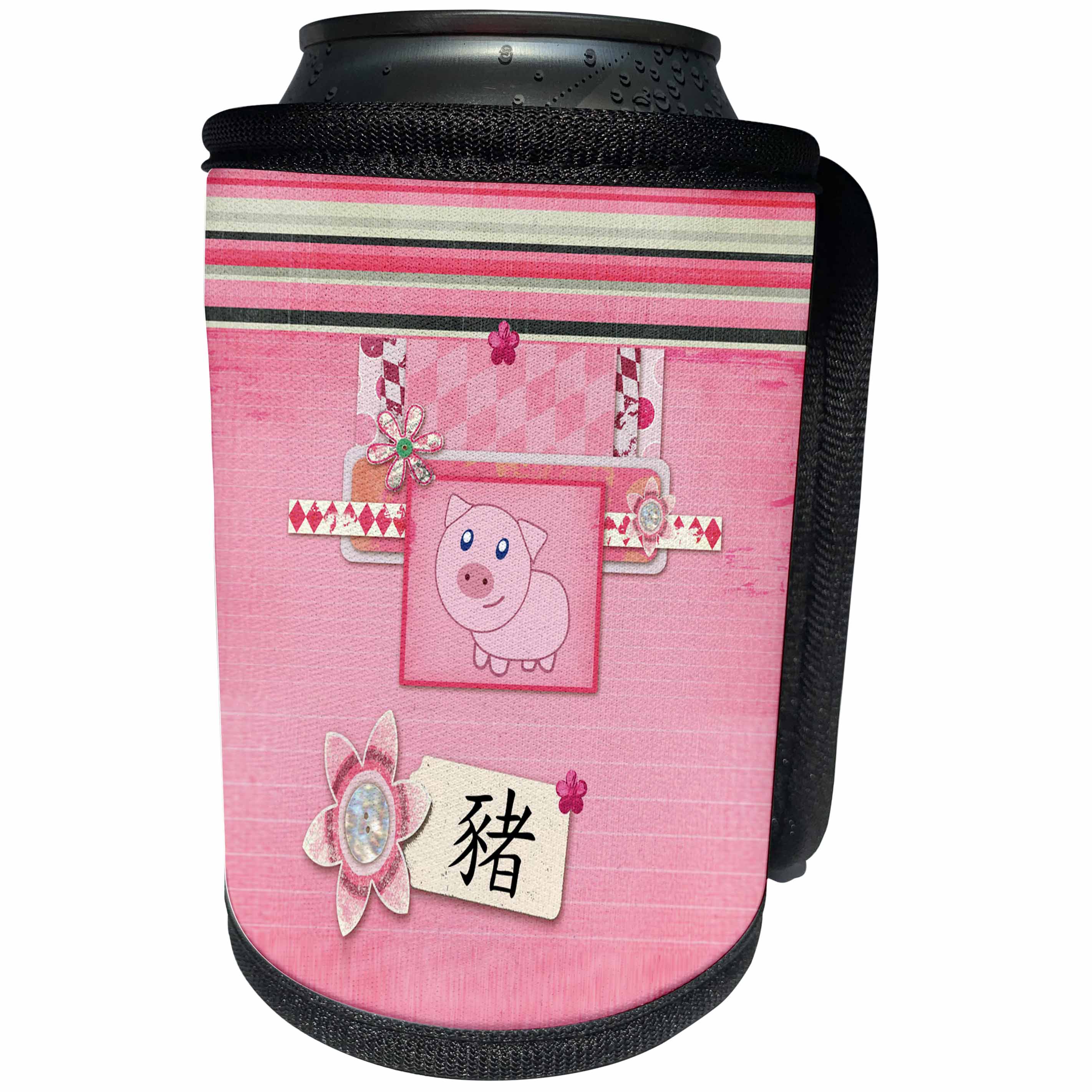 3dRose Beverly Turner Chinese New Year Design - Framed Pig, Sign of the Pig Tag, Flower Accents, Pink, Red - Can Cooler Bottle Wrap (cc_287026)