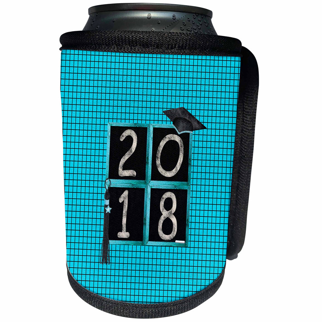 3dRose Beverly Turner Graduation Design - 2018, Blackboard, White Caulk Effect, Cap, Tassel, Graph Paper, Aqua - Can Cooler Bottle Wrap (cc_287031)
