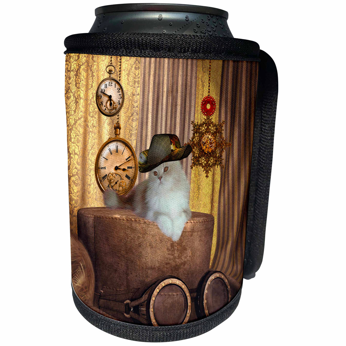 3dRose Heike Köhnen Design Steampunk - Cute cat on wonderful steampunk hat - Can Cooler Bottle Wrap (cc_287293)