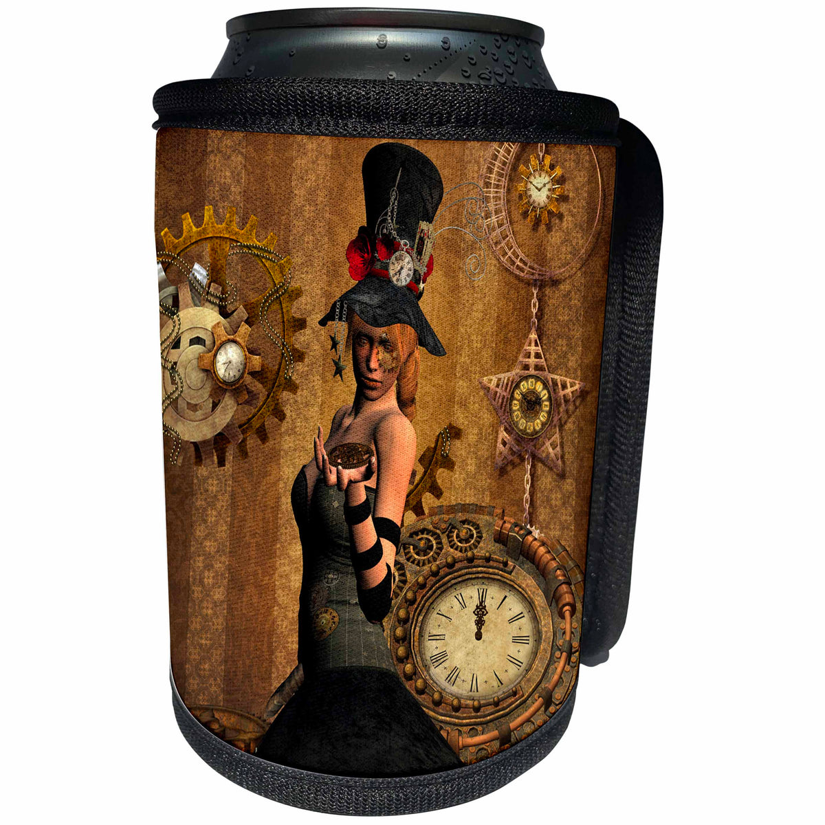 3dRose Heike Köhnen Design Steampunk - Steampunk women with clocks and gears vintage design - Can Cooler Bottle Wrap (cc_287309)