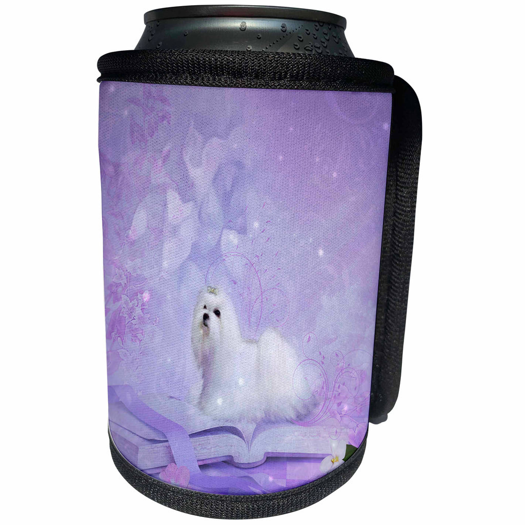3dRose Heike Köhnen Design Animal - Cute little maltese sitting on a book - Can Cooler Bottle Wrap (cc_287326)
