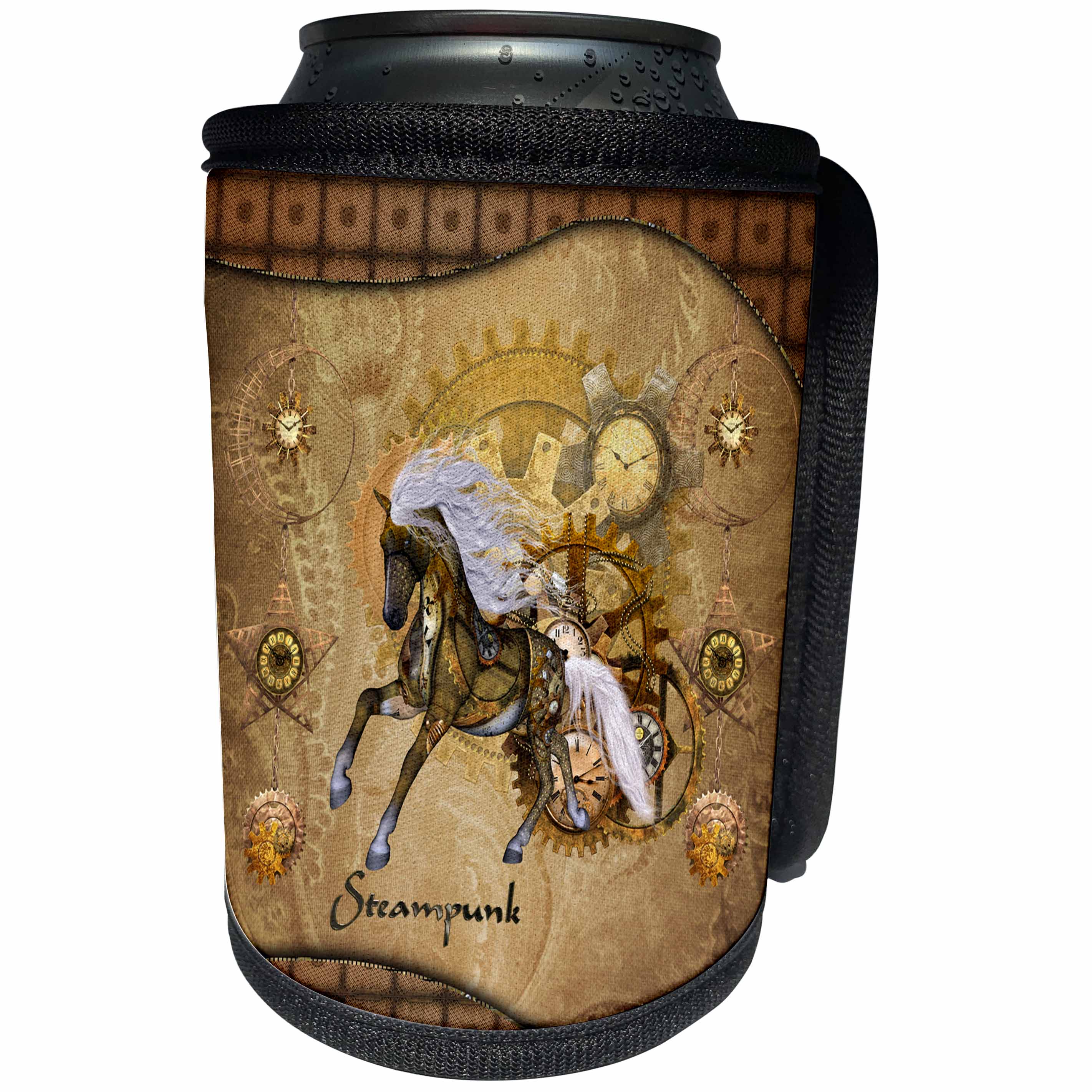3dRose Heike Köhnen Design Steampunk - Golden steampunk horse - Can Cooler Bottle Wrap (cc_287337)