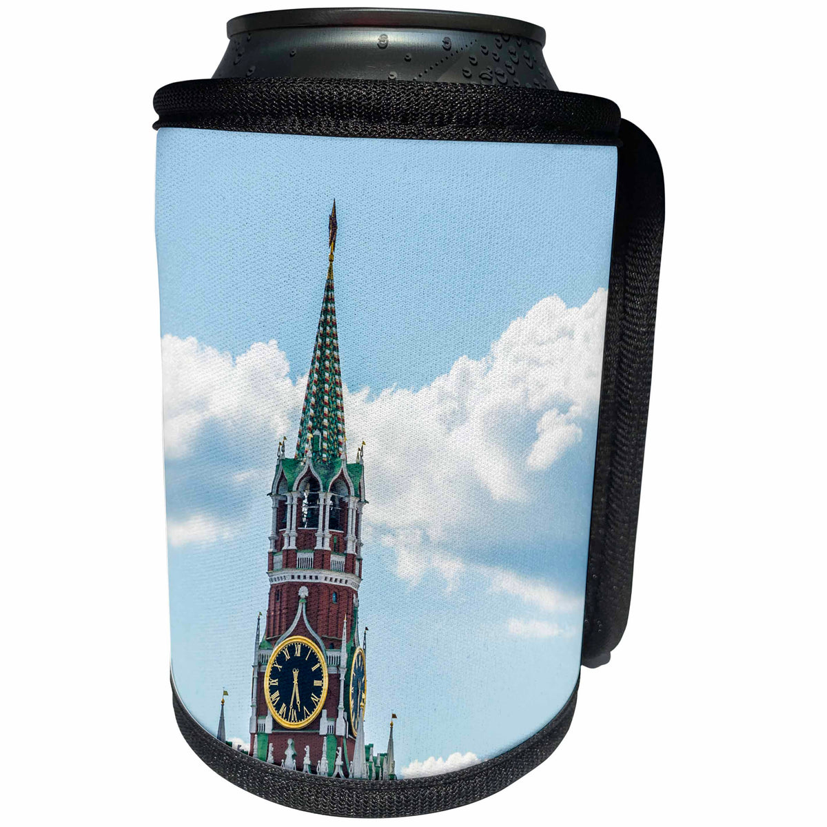 3dRose Alexis Photography - Moscow Kremlin - The Kremlin Spasskaya - Saviors - tower, chimes, clouds in the sky - Can Cooler Bottle Wrap (cc_287350)