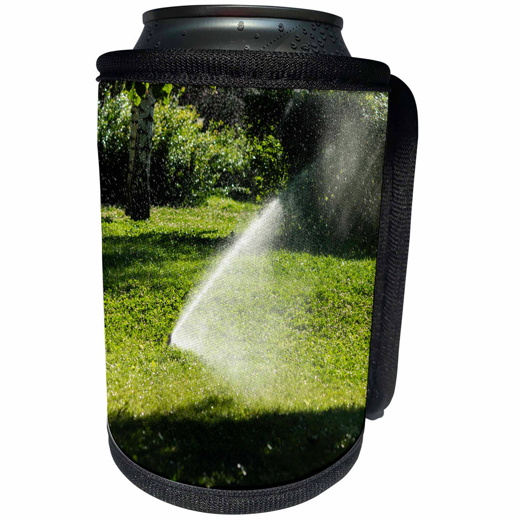 3dRose Alexis Photography - Seasons Summer - Automatic sprinkler device waters the garden on a hot summer day - Can Cooler Bottle Wrap (cc_287386)