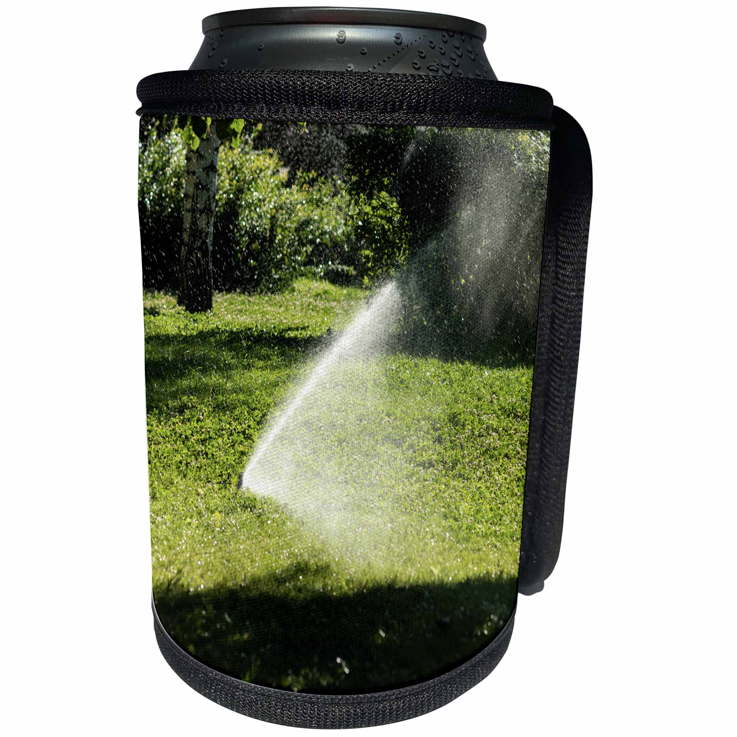 3dRose Alexis Photography - Seasons Summer - Automatic sprinkler device waters the garden on a hot summer day - Can Cooler Bottle Wrap (cc_287386)