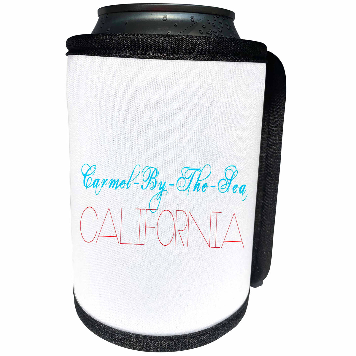 3dRose Alexis Design - American Beaches - Carmel-By-The-Sea beach. California. Chic text blue, red on white - Can Cooler Bottle Wrap (cc_287400)