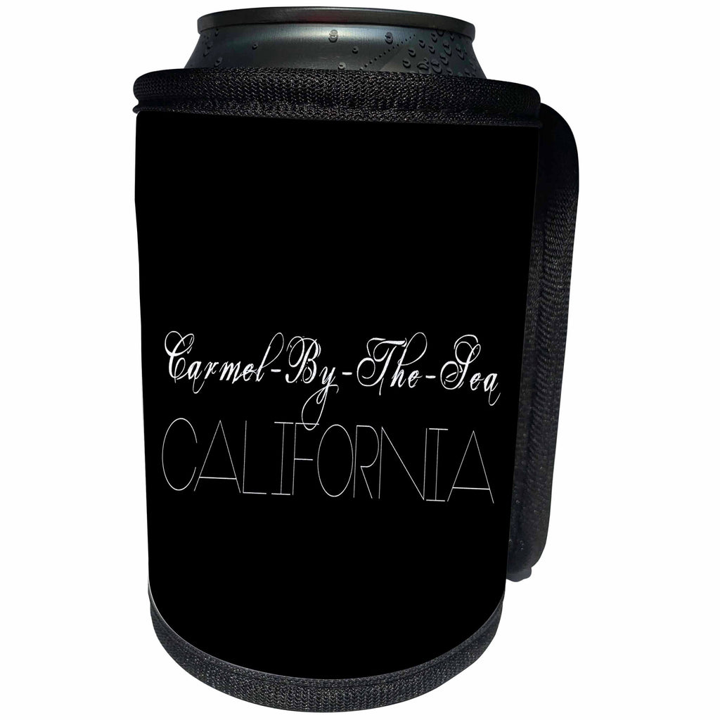 3dRose Alexis Design - American Beaches - Carmel-By-The-Sea beach. California. White text on black backdrop - Can Cooler Bottle Wrap (cc_287402)