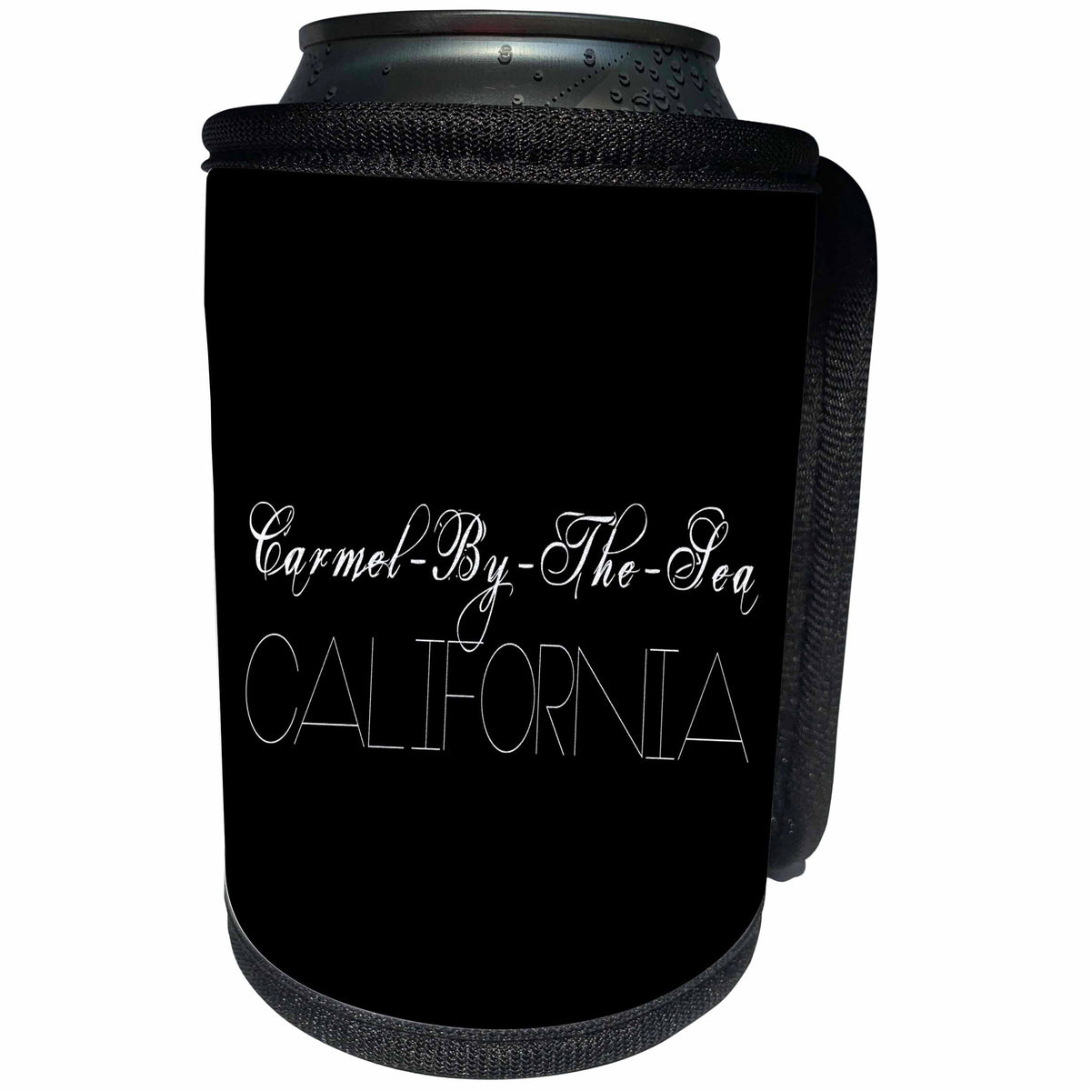 3dRose Alexis Design - American Beaches - Carmel-By-The-Sea beach. California. White text on black backdrop - Can Cooler Bottle Wrap (cc_287402)