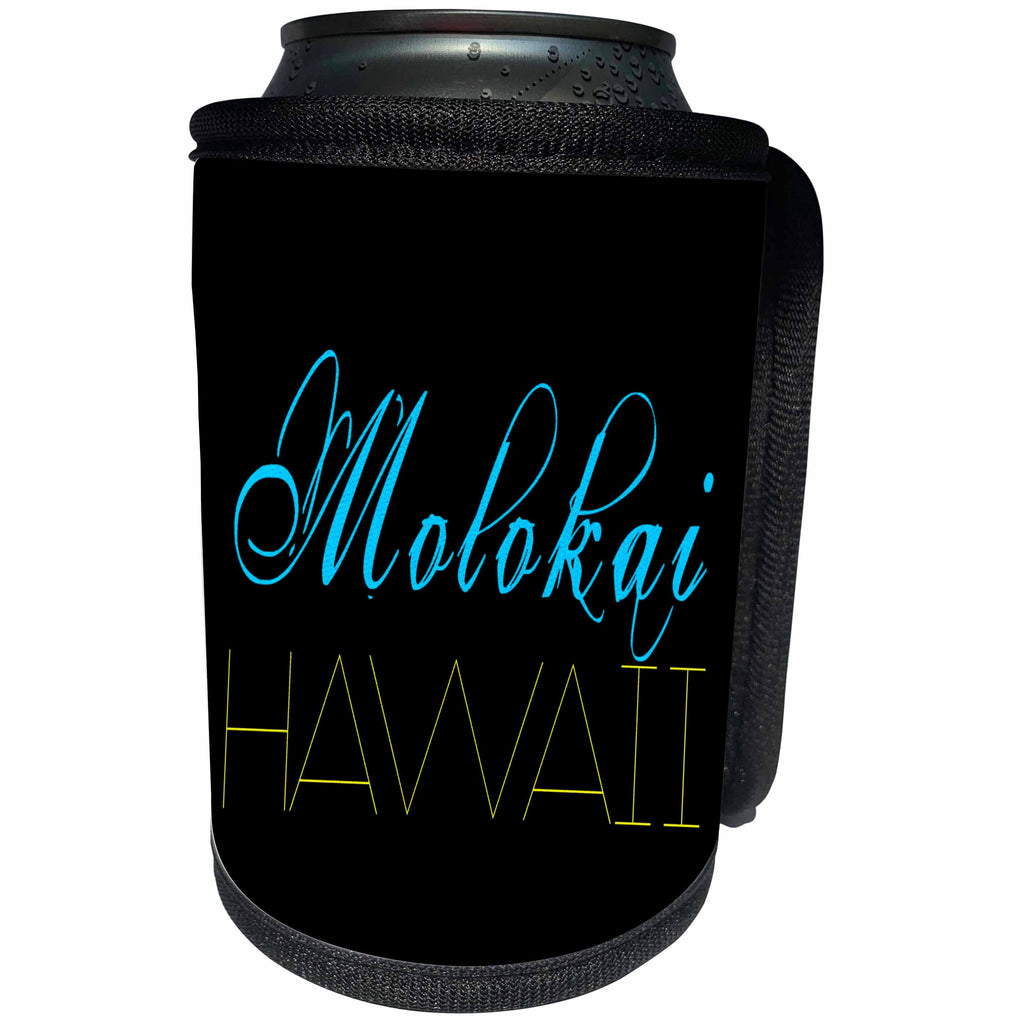 3dRose Alexis Design - American Beaches - Molokai, Hawaii. Decorative text. Blue, yellow on black background - Can Cooler Bottle Wrap (cc_287405)
