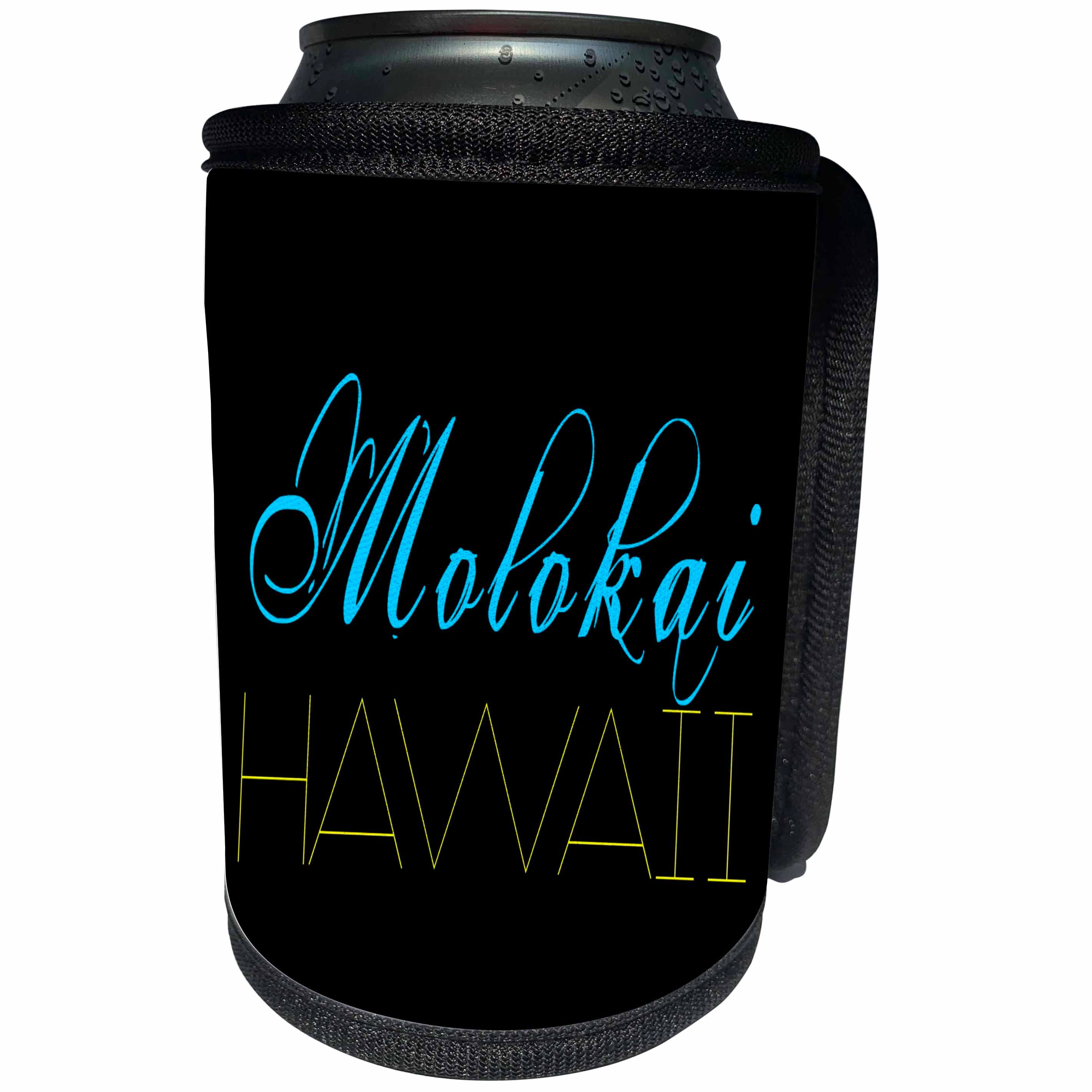 3dRose Alexis Design - American Beaches - Molokai, Hawaii. Decorative text. Blue, yellow on black background - Can Cooler Bottle Wrap (cc_287405)