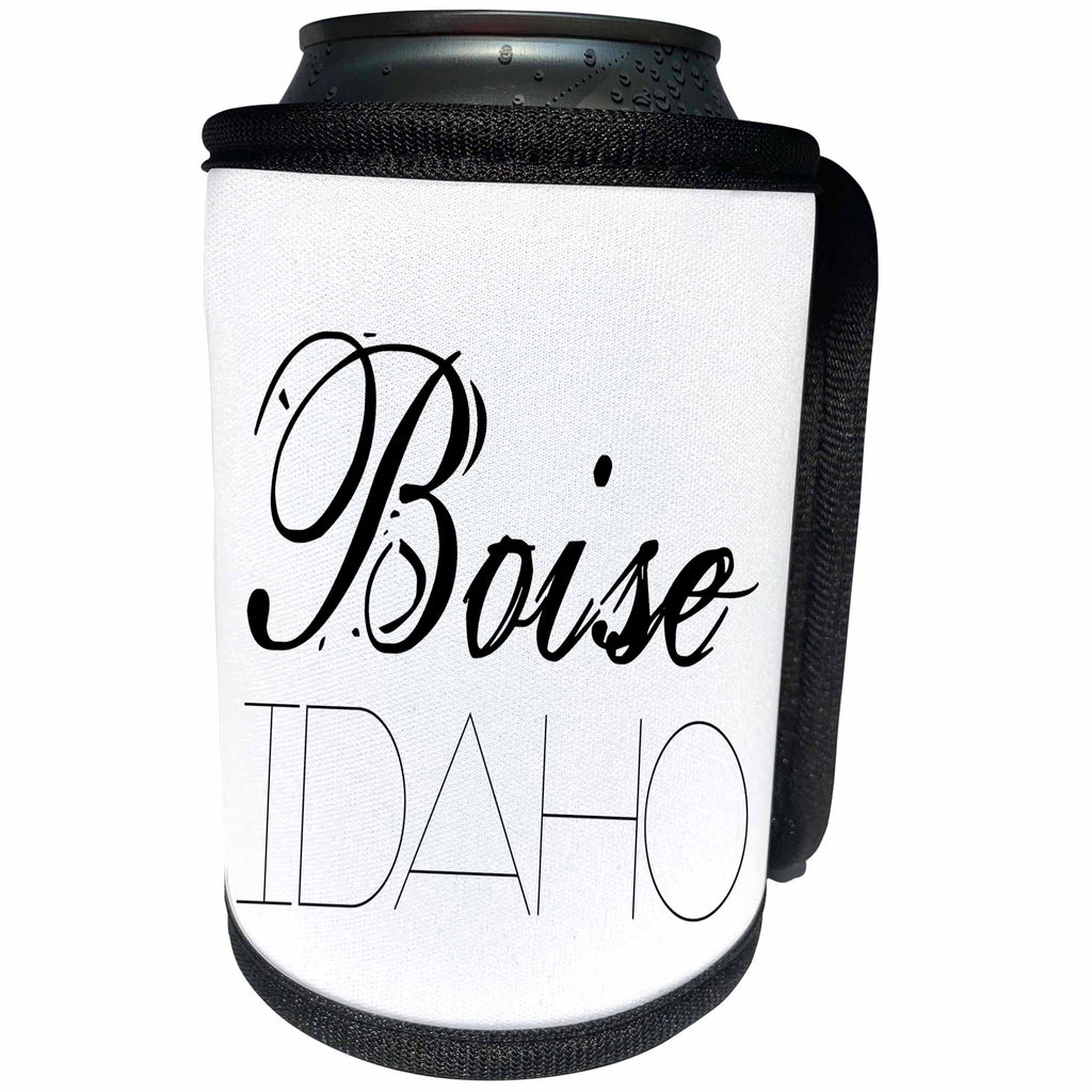 3dRose Alexis Design - American Cities - American cities. Boise, Idaho. Black text on white background - Can Cooler Bottle Wrap (cc_287407)