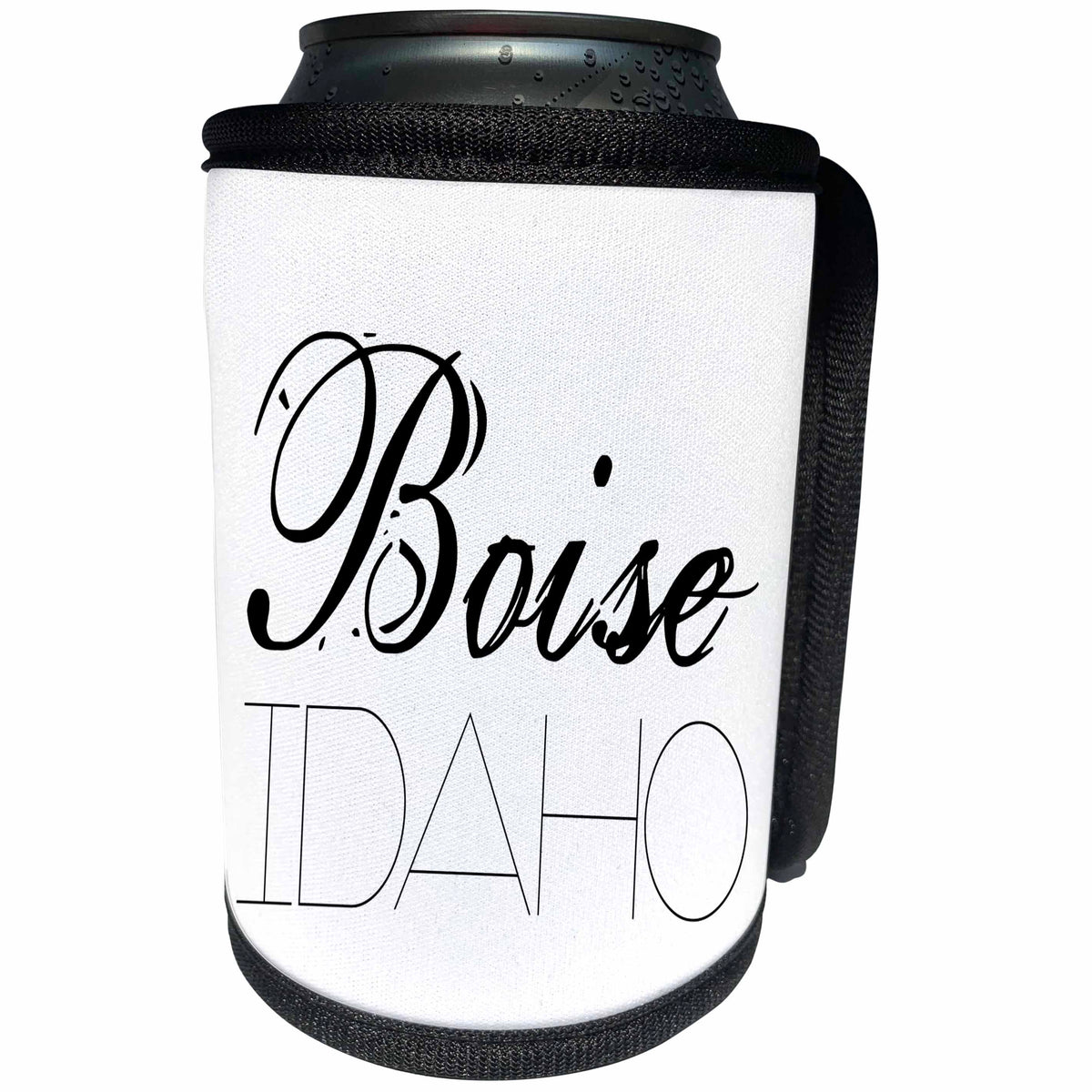 3dRose Alexis Design - American Cities - American cities. Boise, Idaho. Black text on white background - Can Cooler Bottle Wrap (cc_287407)