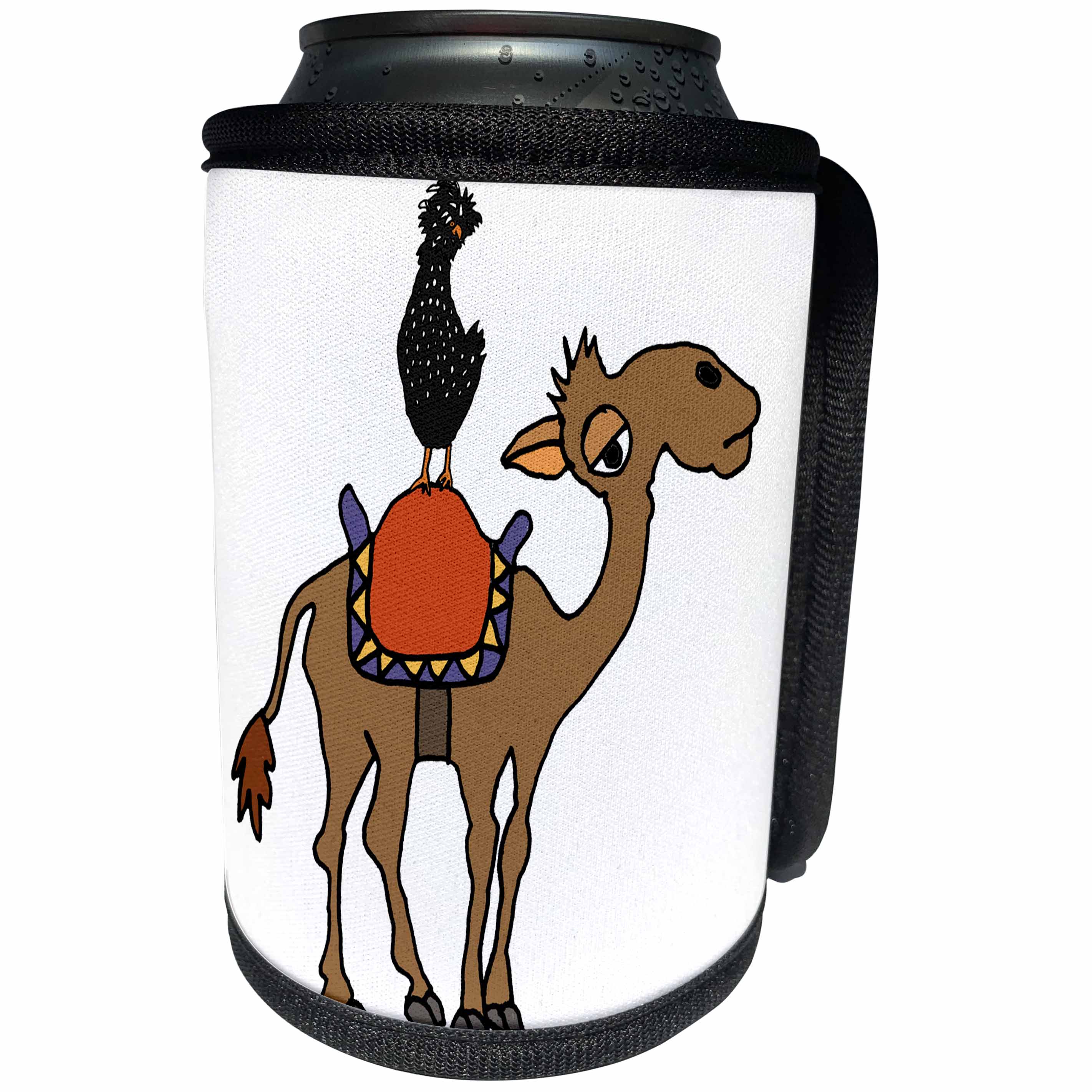3dRose All Smiles Art Animals - Funny Cool Polish Chicken Riding camel Cartoon - Can Cooler Bottle Wrap (cc_287914)