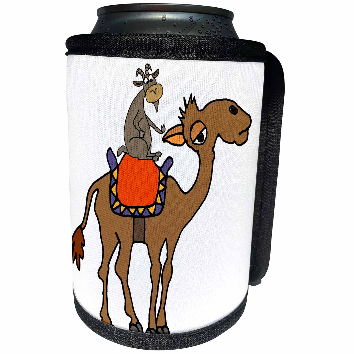 3dRose All Smiles Art Animals - Funny Cute Goat Riding Camel Cartoon - Can Cooler Bottle Wrap (cc_287917)
