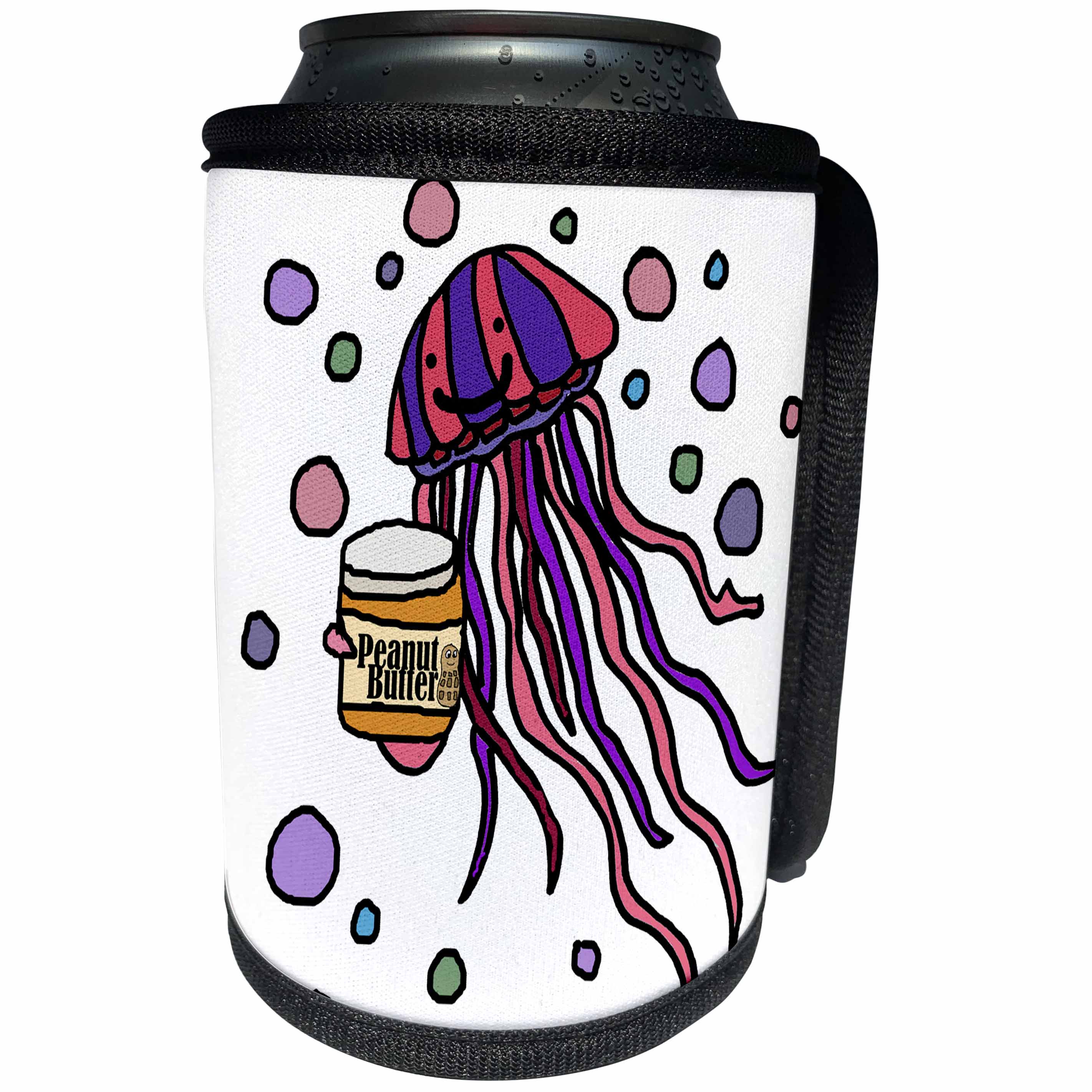 3dRose All Smiles Art Funny - Funny Cute Peanut Butter and Jellyfish Pun Cartoon - Can Cooler Bottle Wrap (cc_287935)