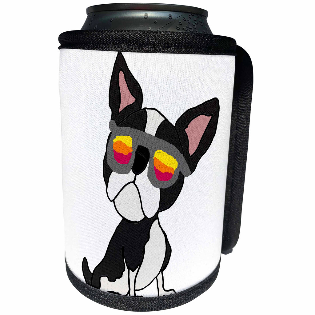 3dRose All Smiles Art Pets - Funny Cute Boston Terrier Dog in Sunglasses Cartoon - Can Cooler Bottle Wrap (cc_287946)