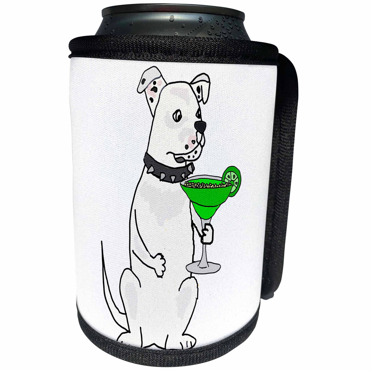 3dRose All Smiles Art Drinking - Cute Funny White American Bulldog Drinking Margarita Cartoon - Can Cooler Bottle Wrap (cc_287948)