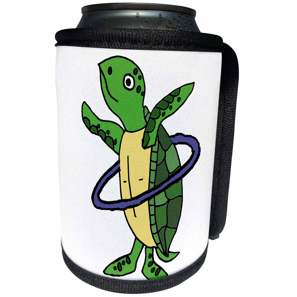 3dRose All Smiles Art Animals - Funny Cool Sea Turtle Playing Hula Hoop Beach Cartoon - Can Cooler Bottle Wrap (cc_287949)