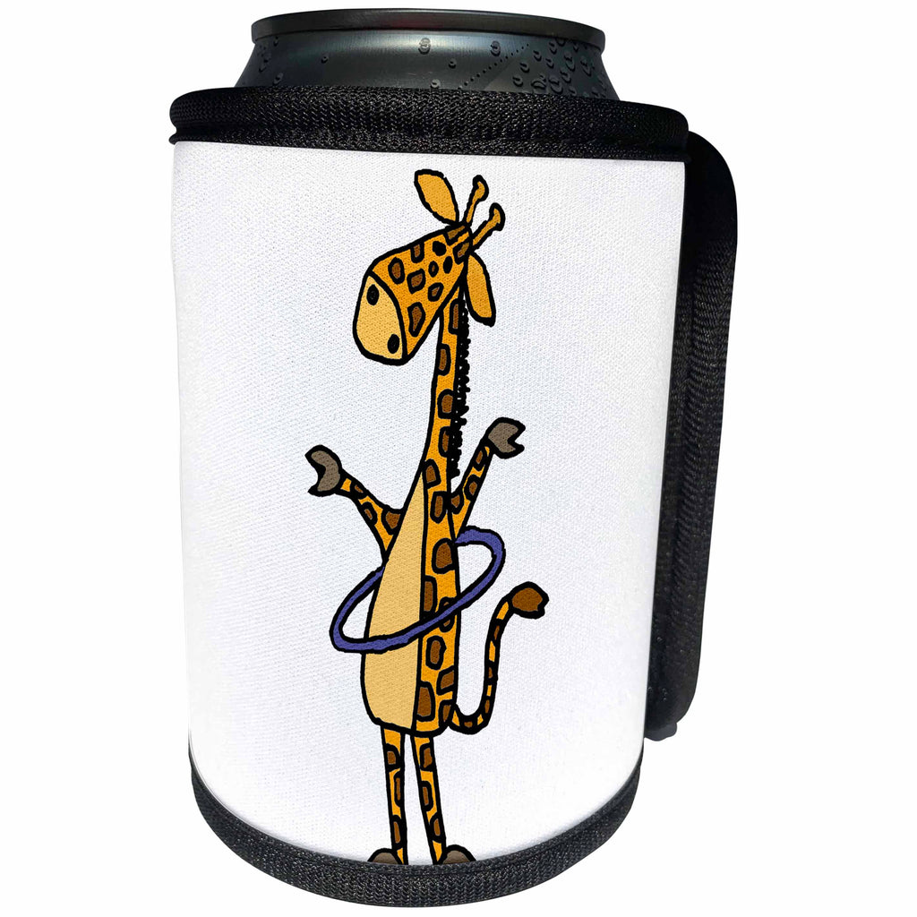 3dRose All Smiles Art Animals - Cute Funny Giraffe Playing Hula Hoop Cartoon - Can Cooler Bottle Wrap (cc_287950)