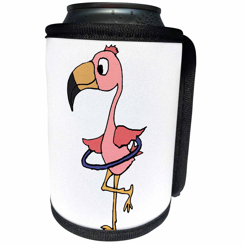 3dRose All Smiles Art Birds - Funny Cute Pink Flamingo Bird Playing Hula Hoop Cartoon - Can Cooler Bottle Wrap (cc_287960)