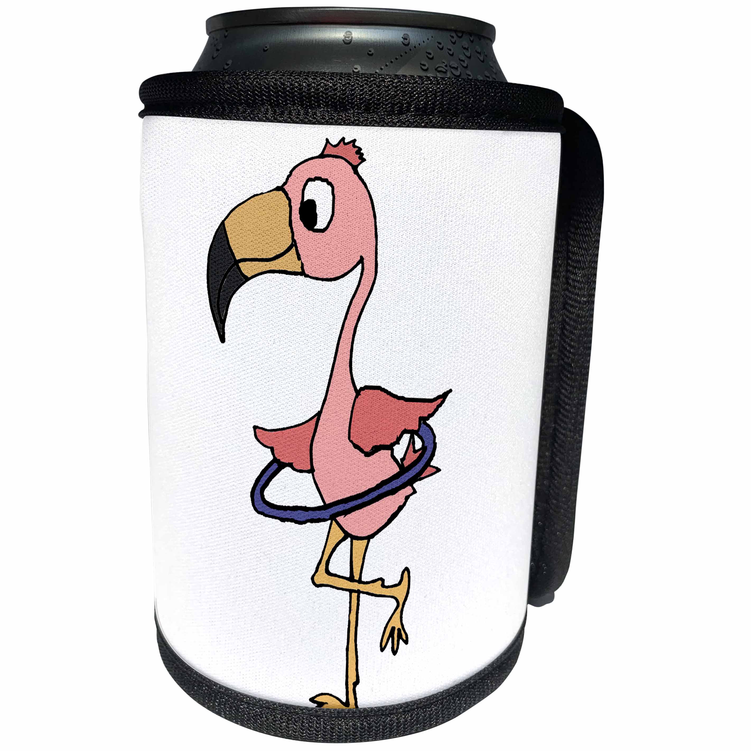 3dRose All Smiles Art Birds - Funny Cute Pink Flamingo Bird Playing Hula Hoop Cartoon - Can Cooler Bottle Wrap (cc_287960)