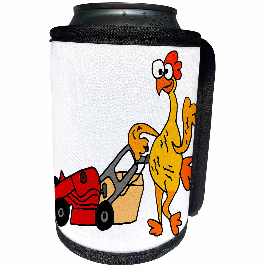 3dRose All Smiles Art Funny - Funny Rubber Chicken Mowing Lawn Cartoon - Can Cooler Bottle Wrap (cc_287992)